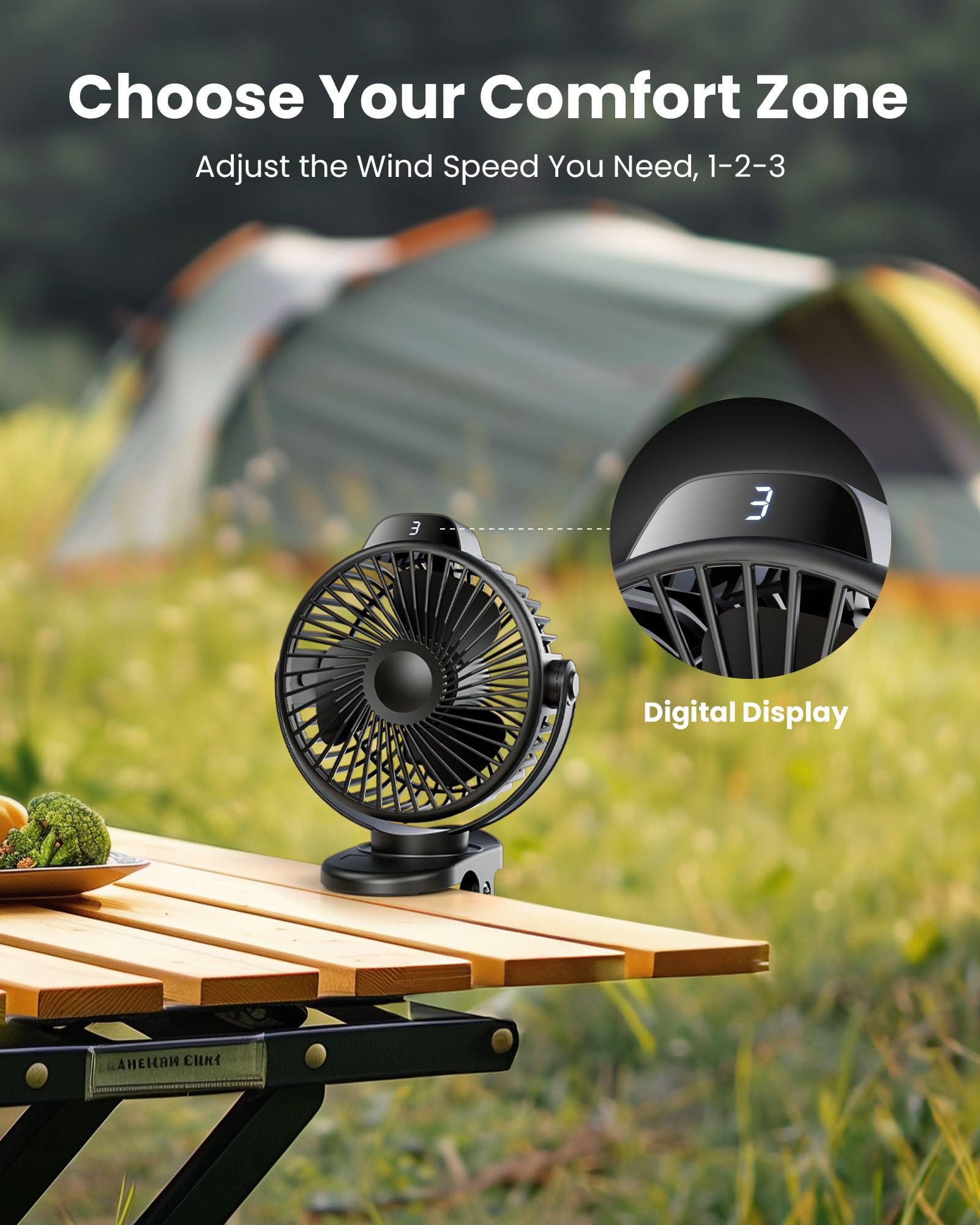 Koonie Portable Clip On Fan, Small Usb Fan Battery Operated, 3 Speed Rechargeable Mini Fan With Led Display, 360 Rotate Personal