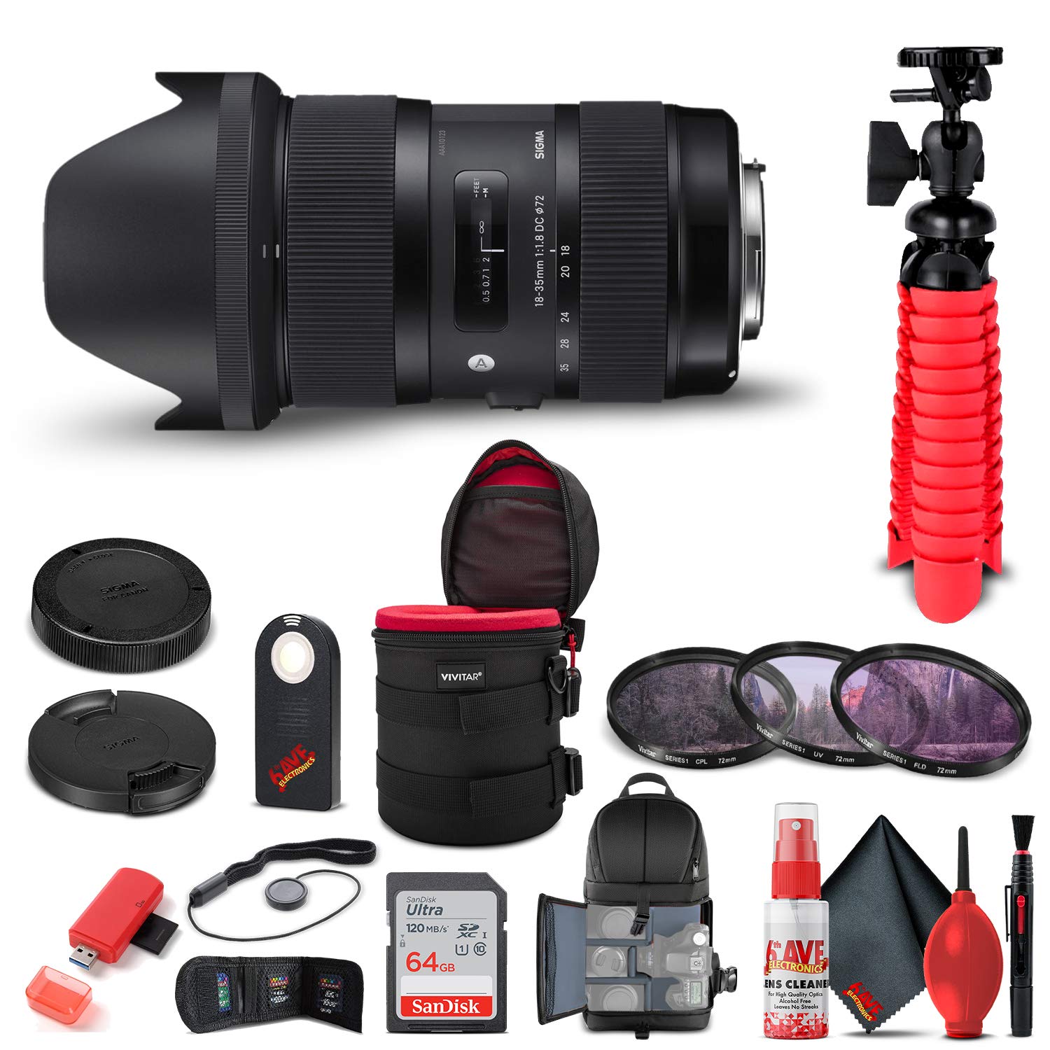 Sigma 18-35mm f/1.8 DC HSM Art Lens for Nikon F (210-306) Bundle + Backpack + 64GB Card + Lens Case + Card Reader + 3 Piece Filt