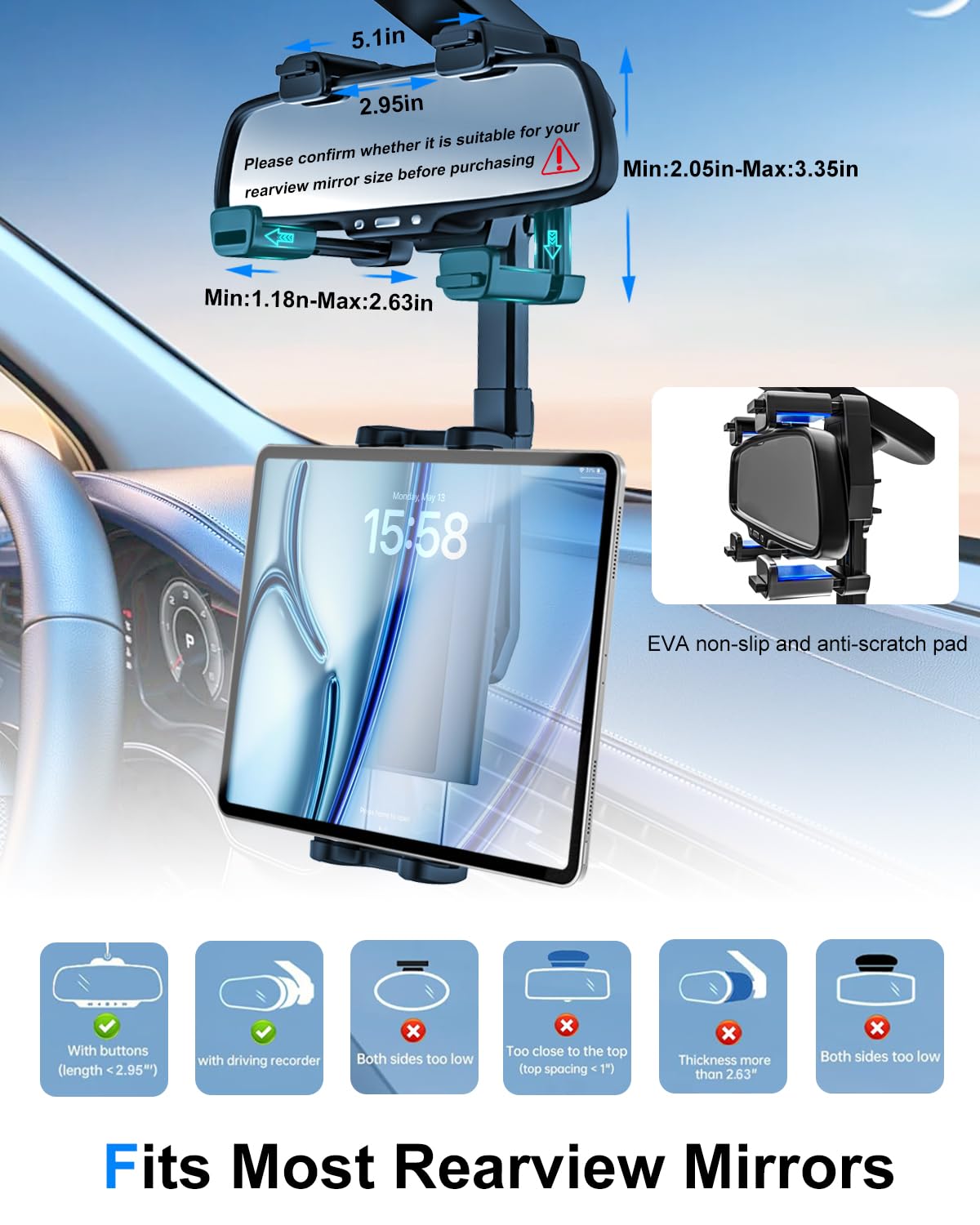 Kolasels Car Rear View Mirror Tablet Holder Mount [4 Claws Anti-Shake Design] 360 Rotatable Retractable Rearview Mirror Tablet P