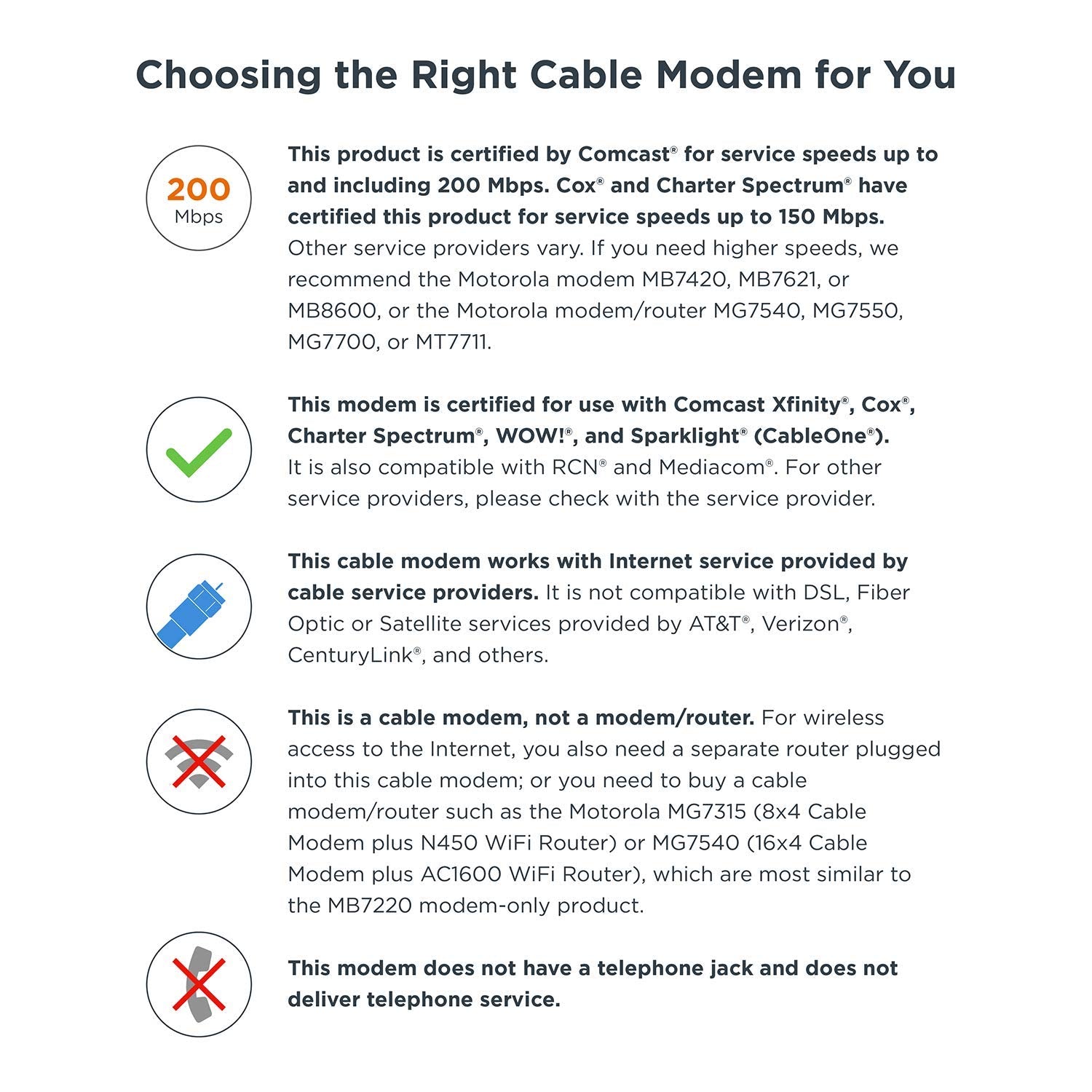 Motorola 8X4 Cable Modem, Model Mb7220, 343 Mbps Docsis 3.0, Certified By Comcast Xfinity, Time Warner Cable, Cox, Brighthouse,