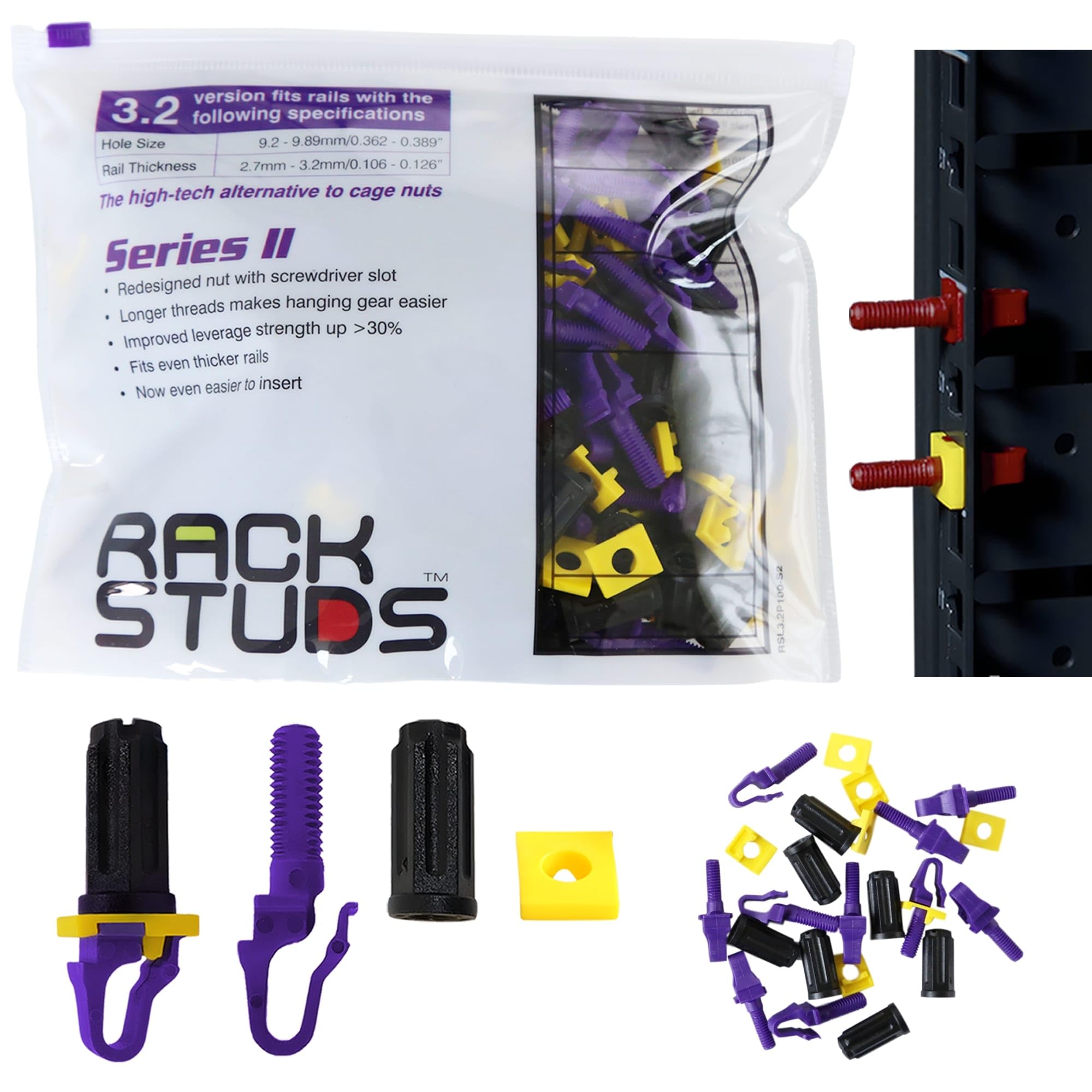 Rackstuds P100 Series II - Server Rack Screws 100-Pack | Cage Nut Replacement Purple 3.2mm/0.126 | A Faster, Easier Solution for