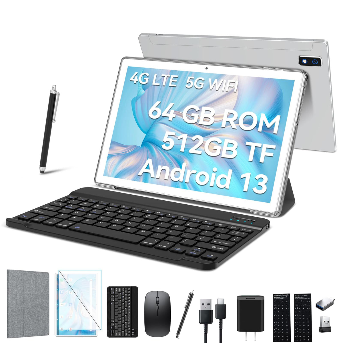 Newest 2024 Android 13 Tablet 10.1 Inch, Dual 4G Cellular Tablets With 64Gb Rom+512Gb Expandable, 3 In 1 Tablet With Keyboard Mo