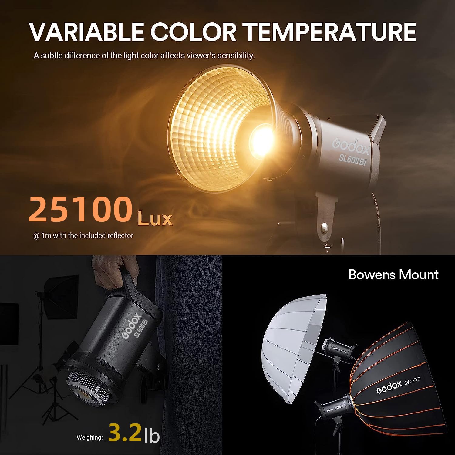 Godox Sl60Iibi Bi Color Led Video Light, 75W 2800K 6500K 25100Lux@1M Cri 96+ Tlci97+ Bowens Mount Led Continuous Light, 11 Fx Ef