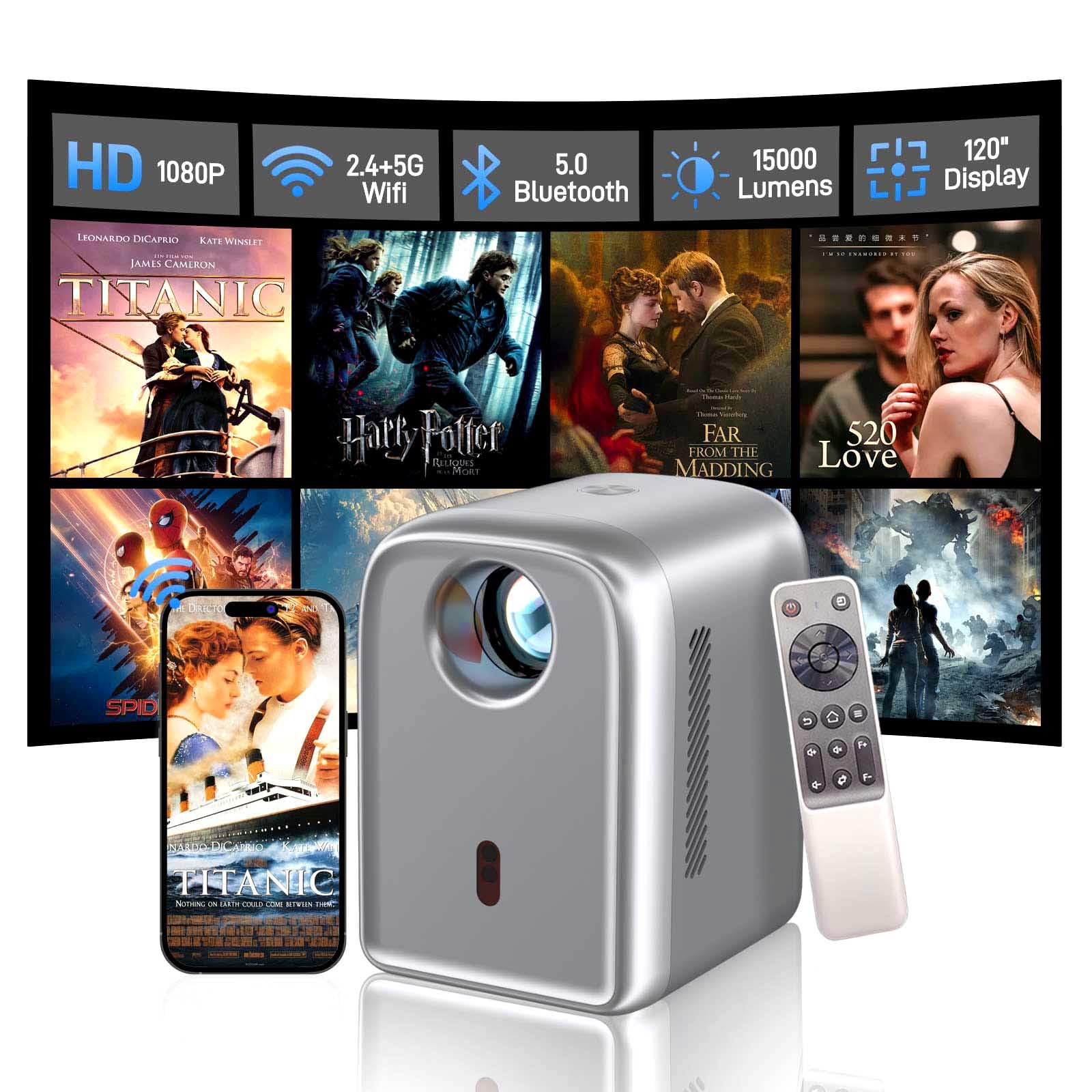 Mini Portable Projector With Wifi And Bluetooth, Outdoor Projector 1080P Hd Support, 15000 Lumen, Movie Projectors For Outdoor U