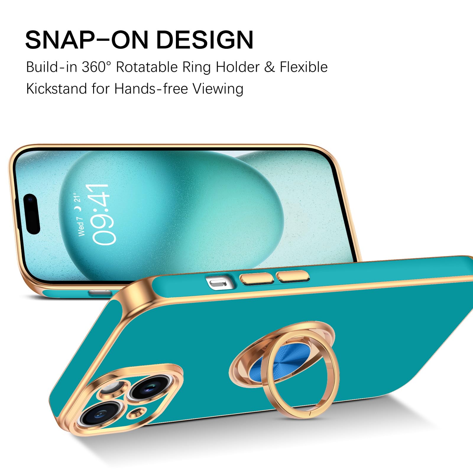 Bentoben Compatible With Iphone 15 Case, Phone Case Iphone 15, Slim Fit 360 Ring Holder Shockproof Kickstand Magnetic Car Mount