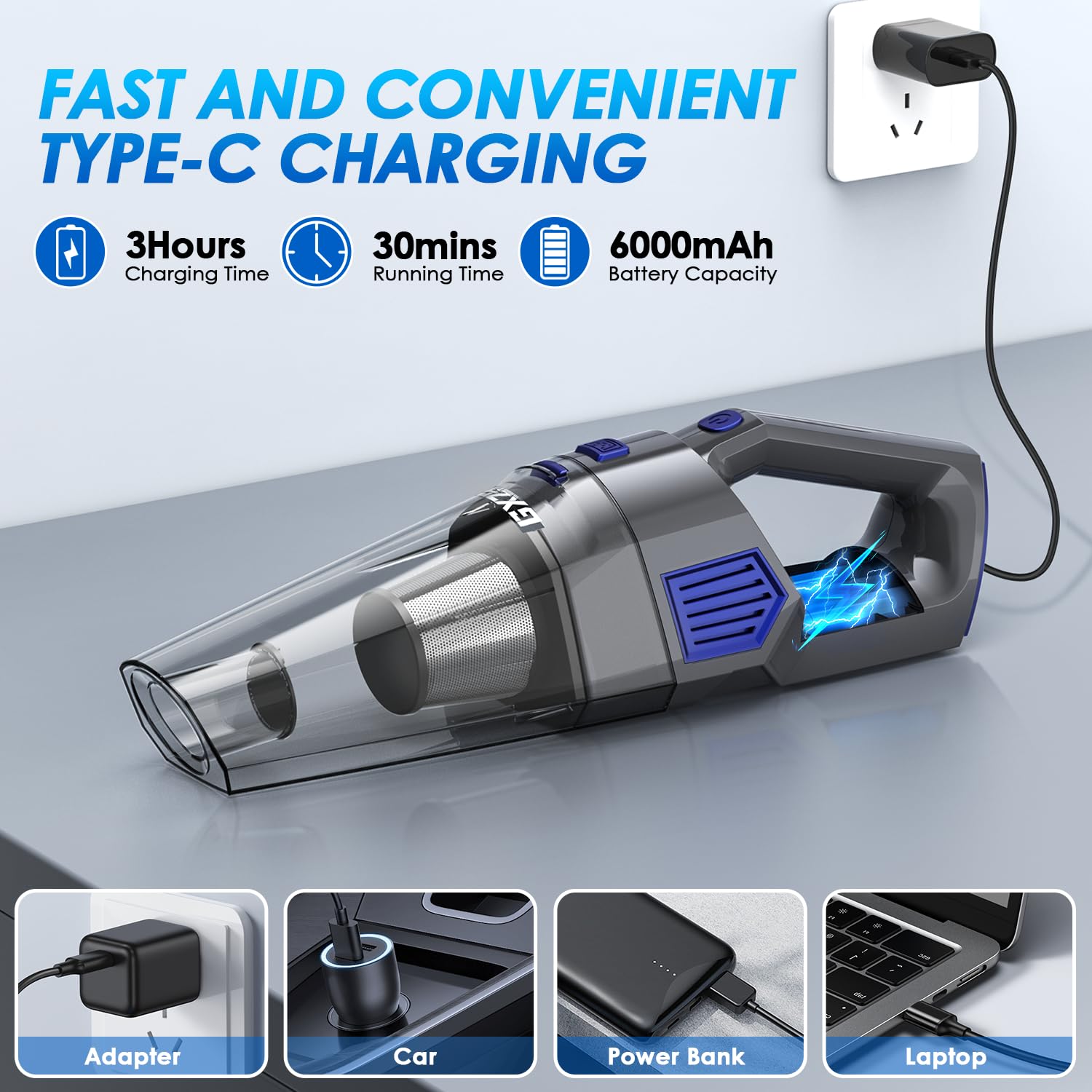 Gxzsk Handheld Vacuum Cordless, 15000Pa Strong Suction Hand Held Car Vacuum Cleaner Rechargeable, Portable Hand Vacuum With Mult