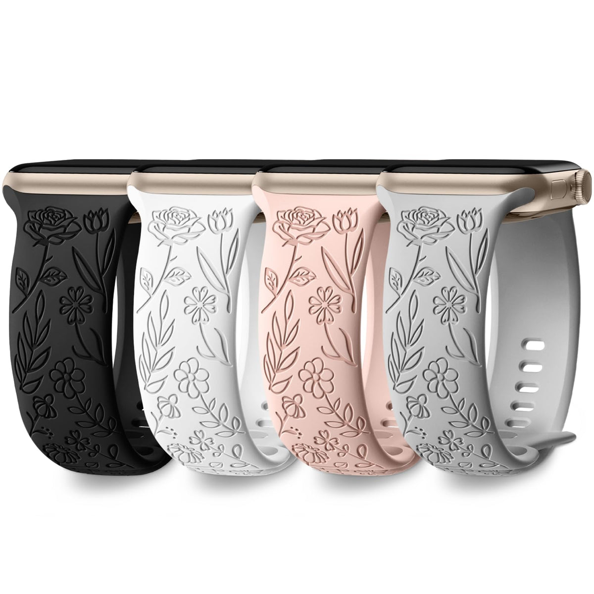 Daqin 4 Pack Floral Engraved Bands Compatible With Apple Watch Band 38Mm 40Mm 41Mm 42Mm 45Mm 49Mm 44Mm Women Girl, Cute Soft Sil