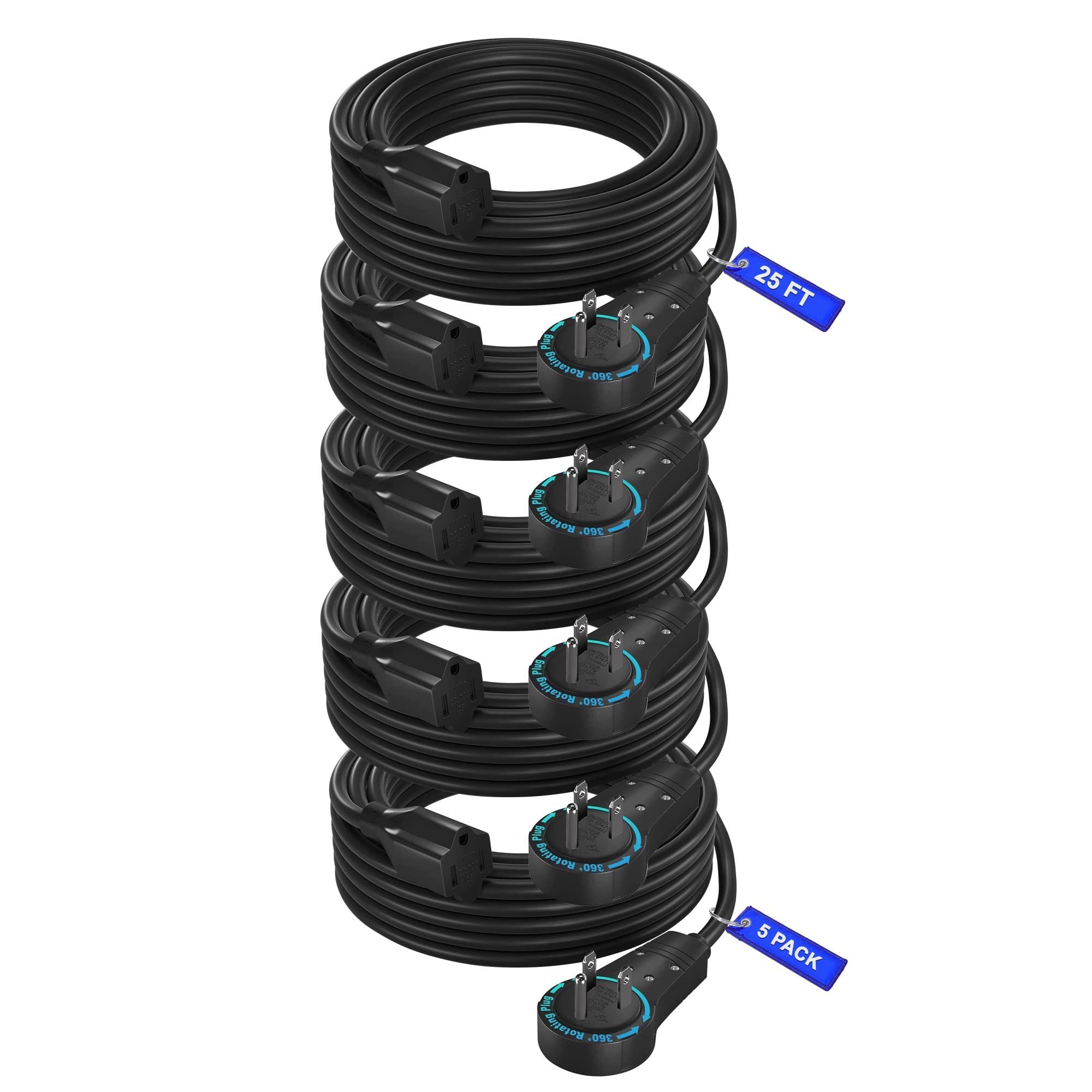 Maximm Cable 25 Feet (5 Pack), 360 Rotating Flat Plug Extension Cordwire, 3 Prong Grounded Wire 16 Awg Power Cord - Black - Ul C