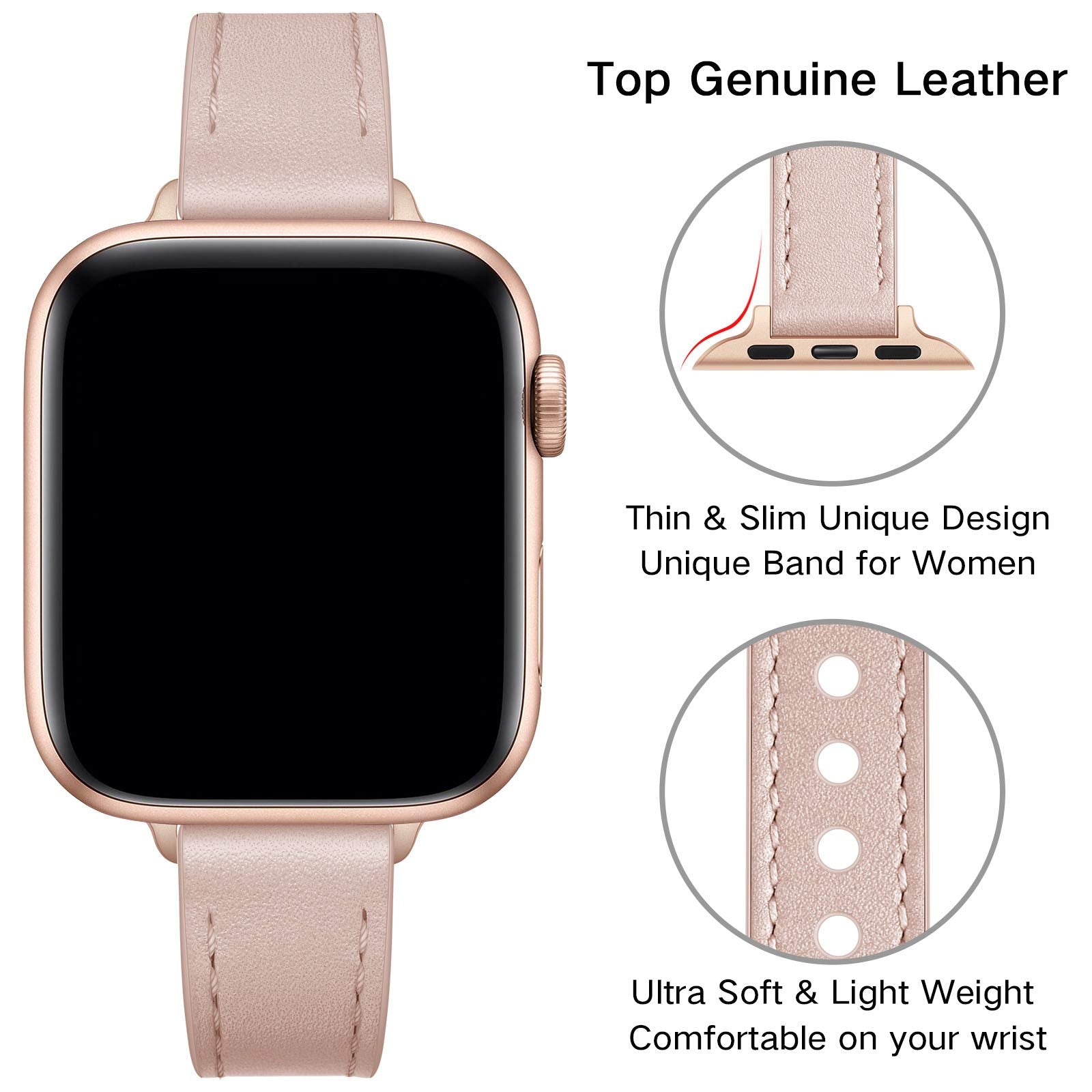 Ouheng Slim Band Compatible With Apple Watch Band 41Mm 40Mm 38Mm, Women Genuine Leather Band Thin Strap For Iwatch Se2 Se Series