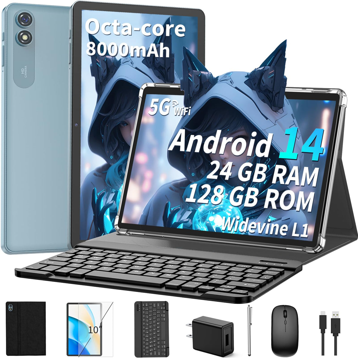 Suicoey 2025 Tablet, 10 Inch Android 14 Tablet With Keyboard, 24Gb Ram+128Gb Rom(1Tb Expand), Octa Core, 5G/2.4G Wifi, 8000Mah,