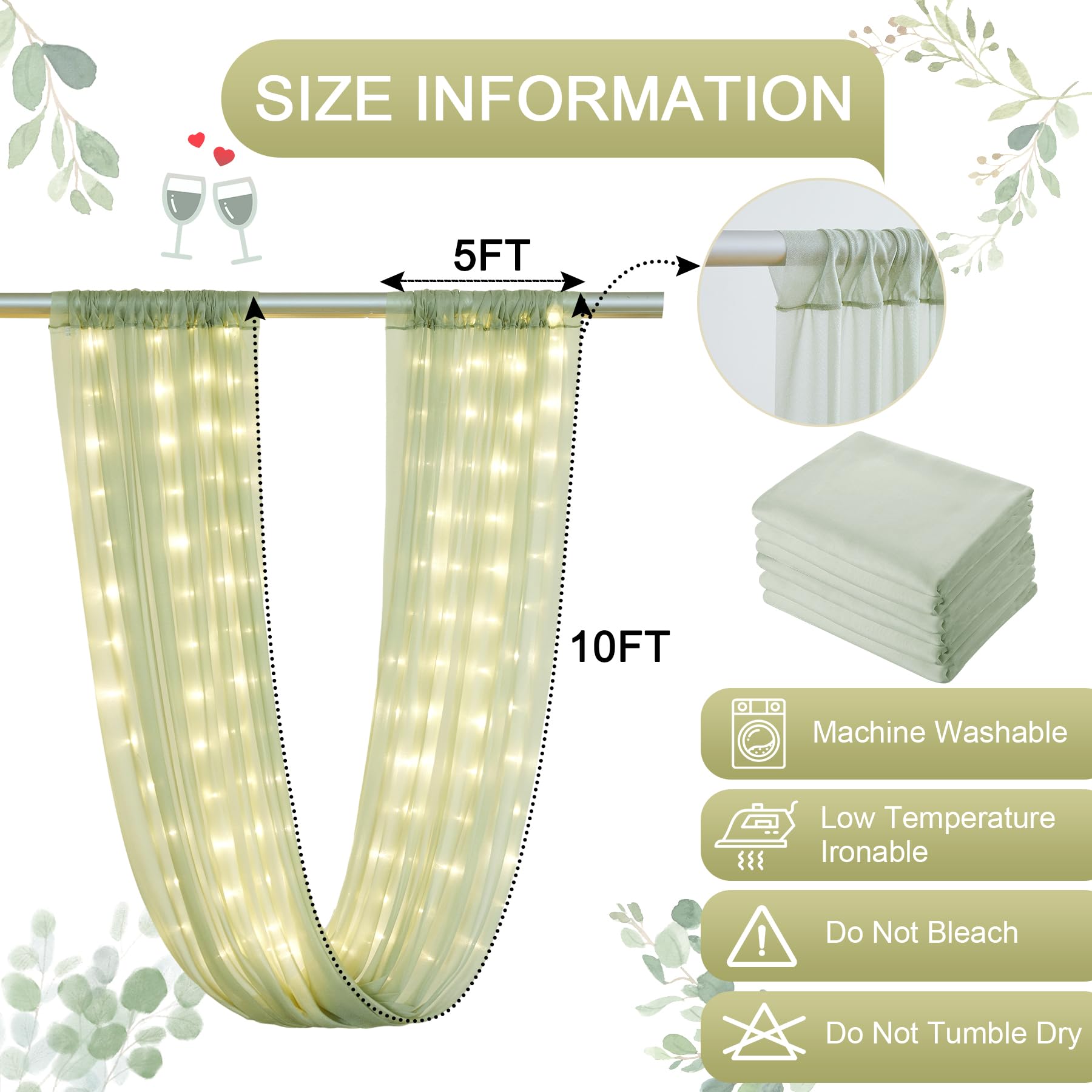 Wish Care Sage Green Ceiling Drapes With Lights String For Weddings, 6 Panels 5Ftx10Ft Sheer Tulle Curtain Drapes For Wedding Ce