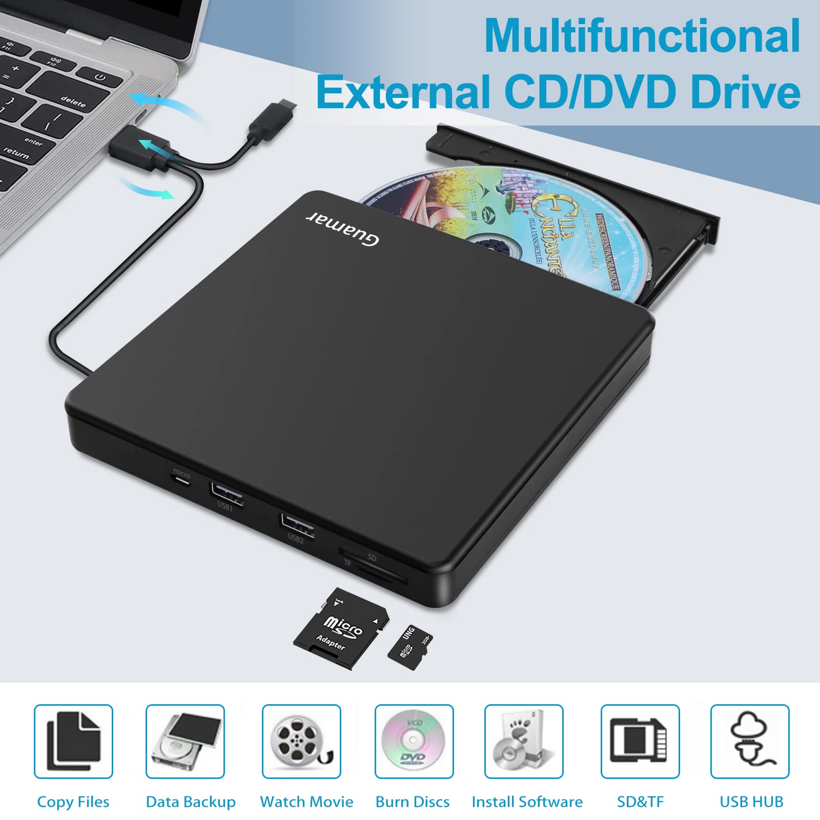 Guamar External Cd Drive, Cd Burner Usb 3.0 Type C Portable Dvd Player For Laptop Cd Rom Disk Reader With Sd Tf 2 Usb Ports, Ext