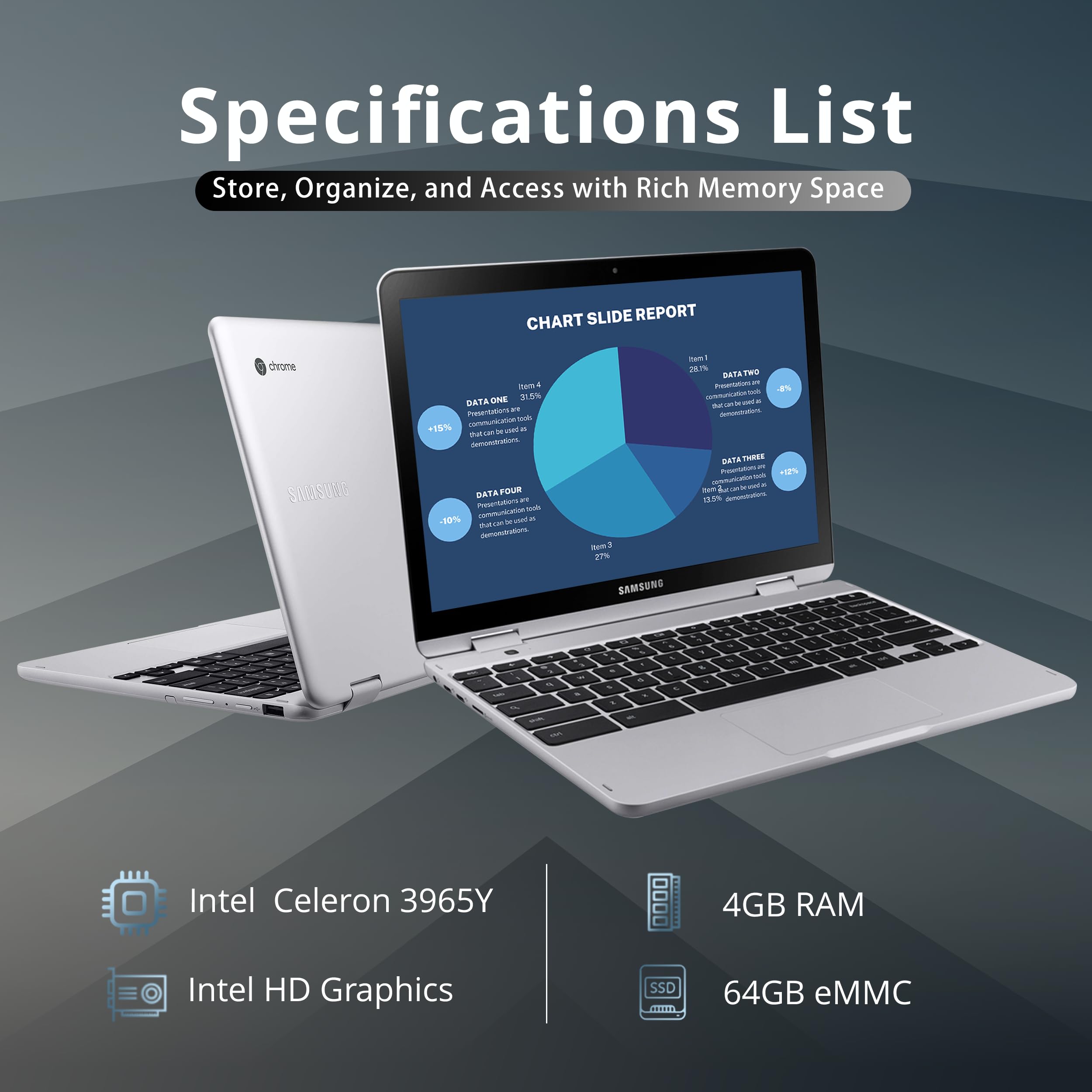 Samsung Plus V2 2 In 1 12.2'' Touchscreen Chromebook Laptop, Intel Celeron 3965Y, 4Gb Ram, 64Gb Emmc, 1M Front Camera, Wi Fi, Bl