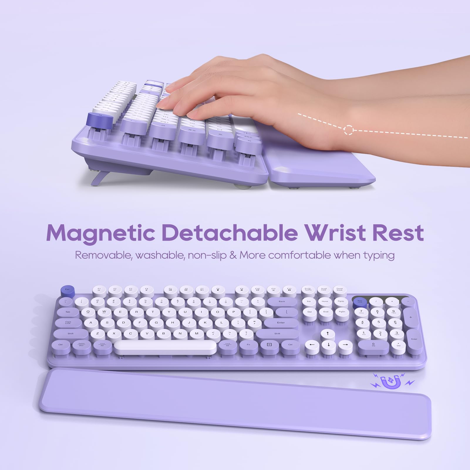 Wireless Keyboard And Mouse Combo, Cute Round Keycaps, Full Size Retro Typewriter Keyboard With Detachable Wrist Rest, 2.4Ghz Co