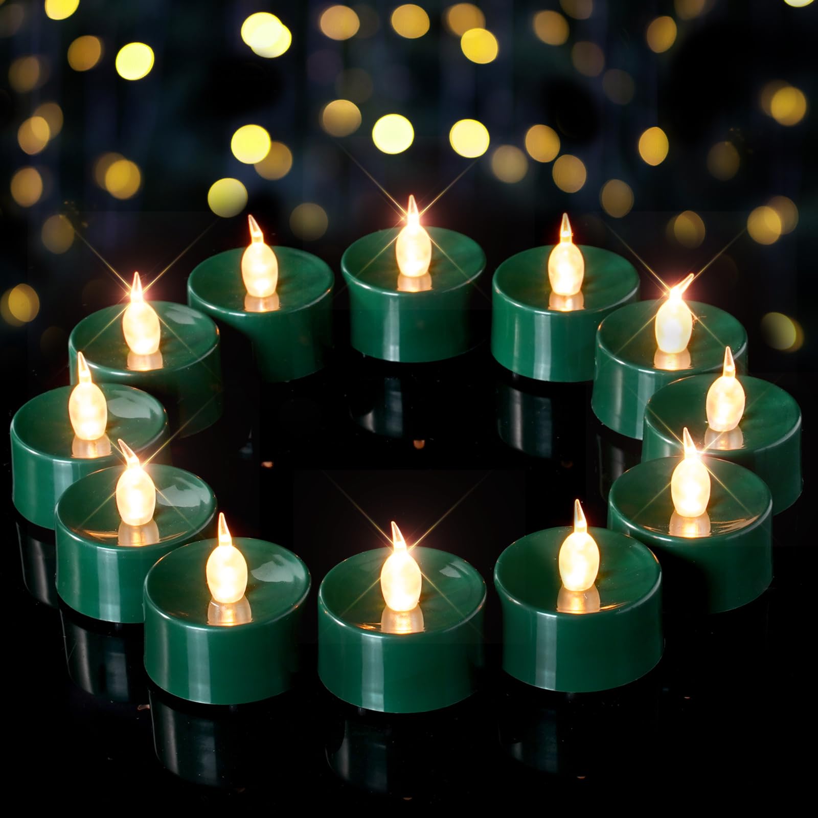 Merrynights Green Led Candles, 12 Pack Tea Lights Candles Battery Operated, Flameless Tealight Candle, Realistic Tea Lights For