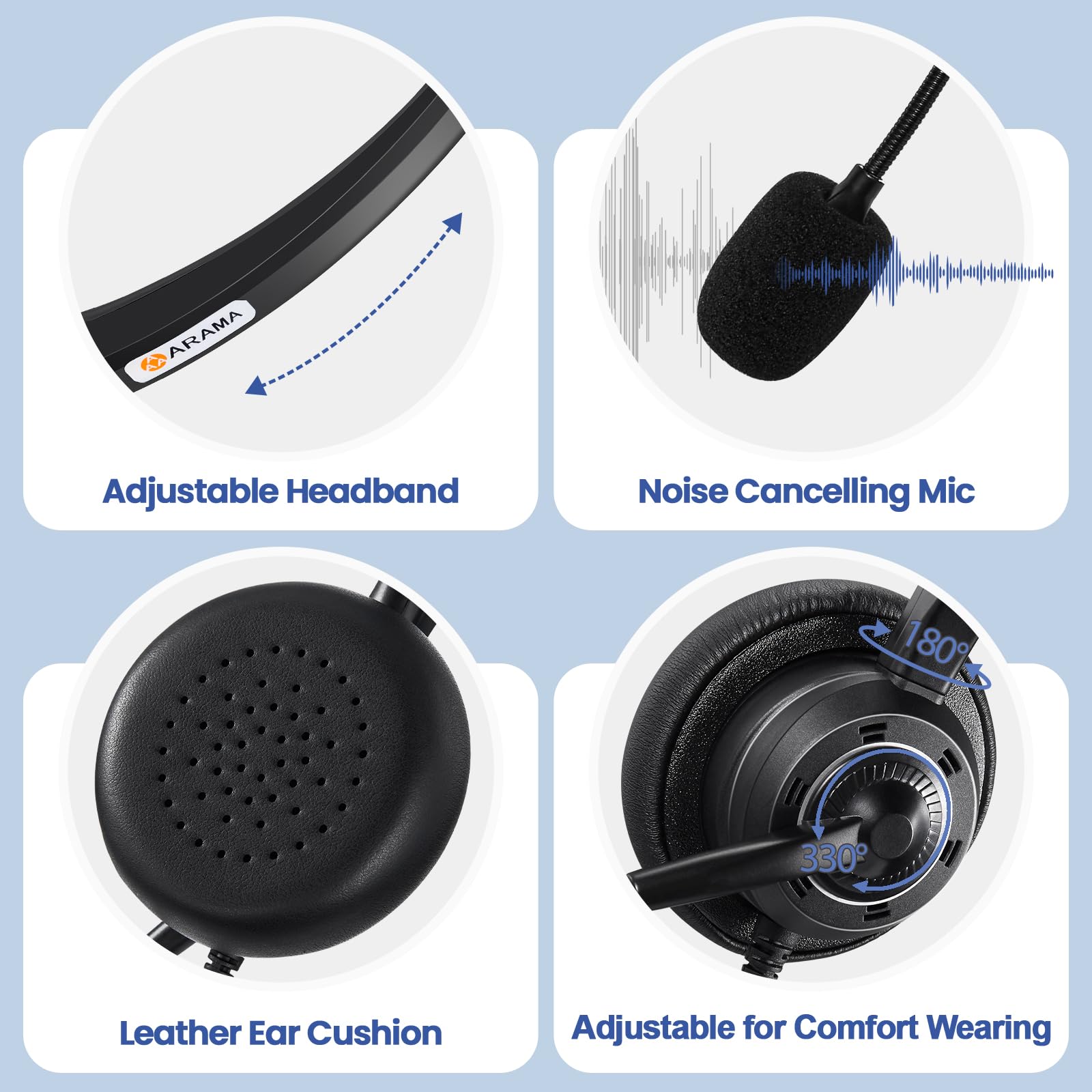 Arama Usb Headset With Microphone Noise Cancelling, Comfort Fit Computer Headset With Microphone For Pc Laptop Mac Skype Zoom Uc Webinar Business Call Center Home Office