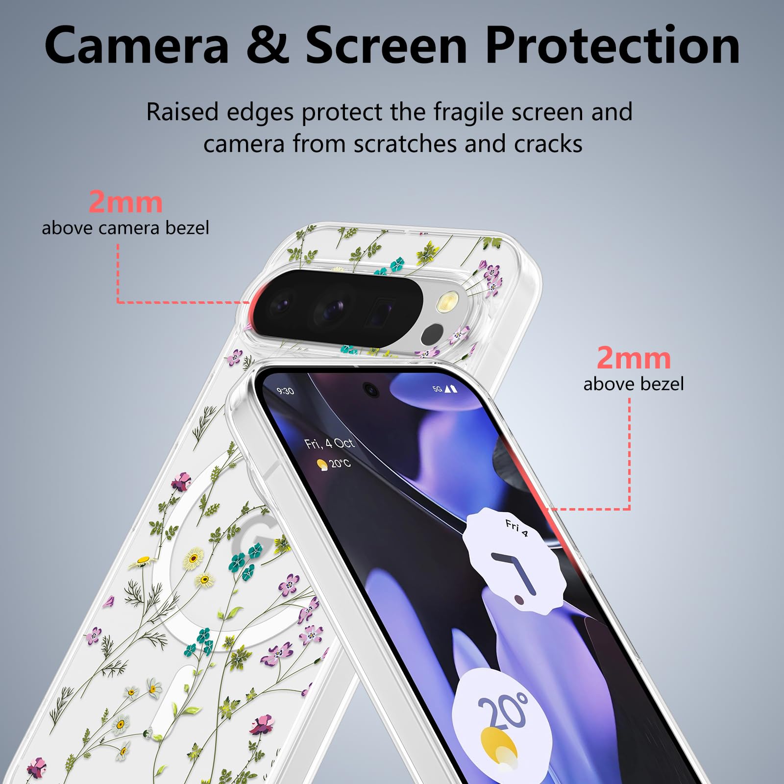 Raleavo For Google Pixel 9/9 Pro Case Compatible With Magsafe Clear Floral Cover With Flower Branch Pattern For Girls Women Slim