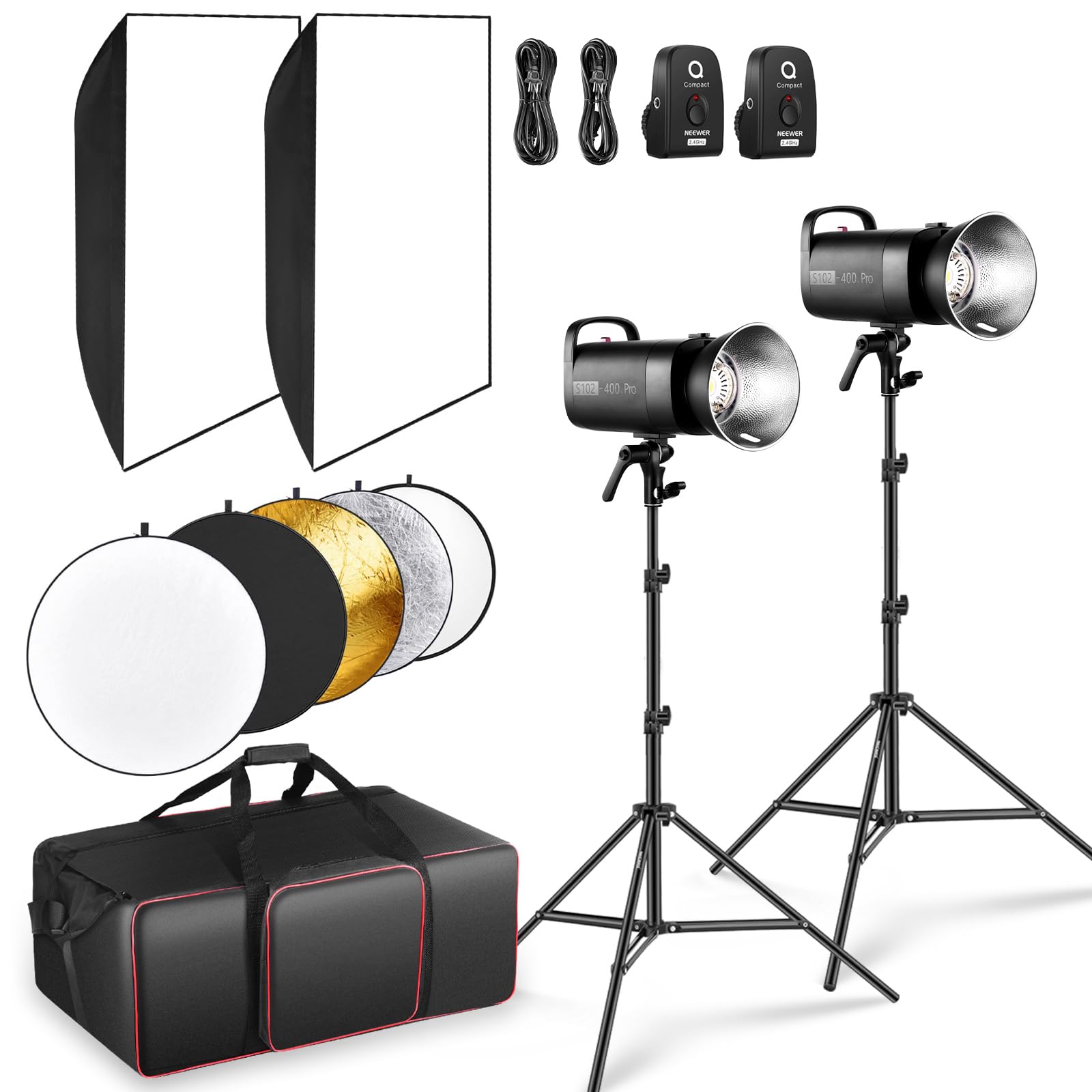 NEEWER S102-400W PRO Flash Lighting Kit (2 Pack) with 2X 2.4G Trigger, 2X Photography Light Stand, 2X Softbox, 5 in 1 Reflector,