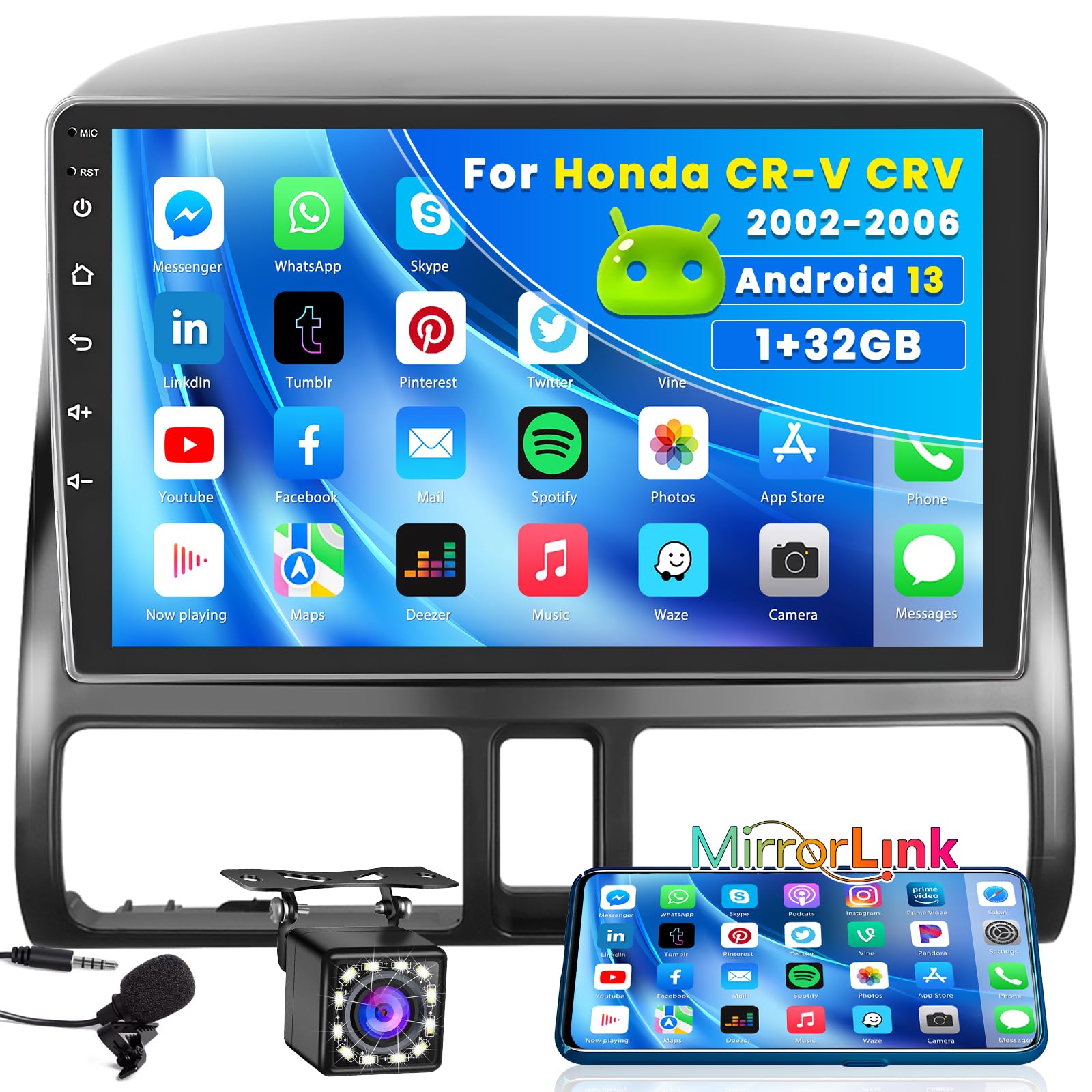 Roinvou Android Car Radio For Honda Cr V Crv 2002 2006, 9'' Touchscreen In Dash Gps Navigation With Mirror Link Bluetooth Wifi F