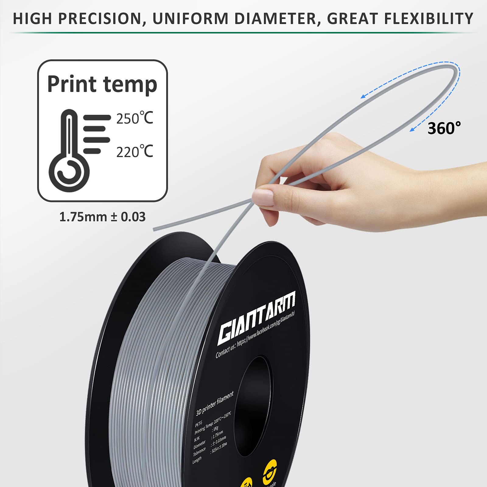 Giantarm Grey Petg 3D Printer Filament Toughness Enhanced 1Kg (2.2Lbs), 1.75Mm Dimensional Accuracy +/ 0.03Mm, 1080 Feet(330M)/R