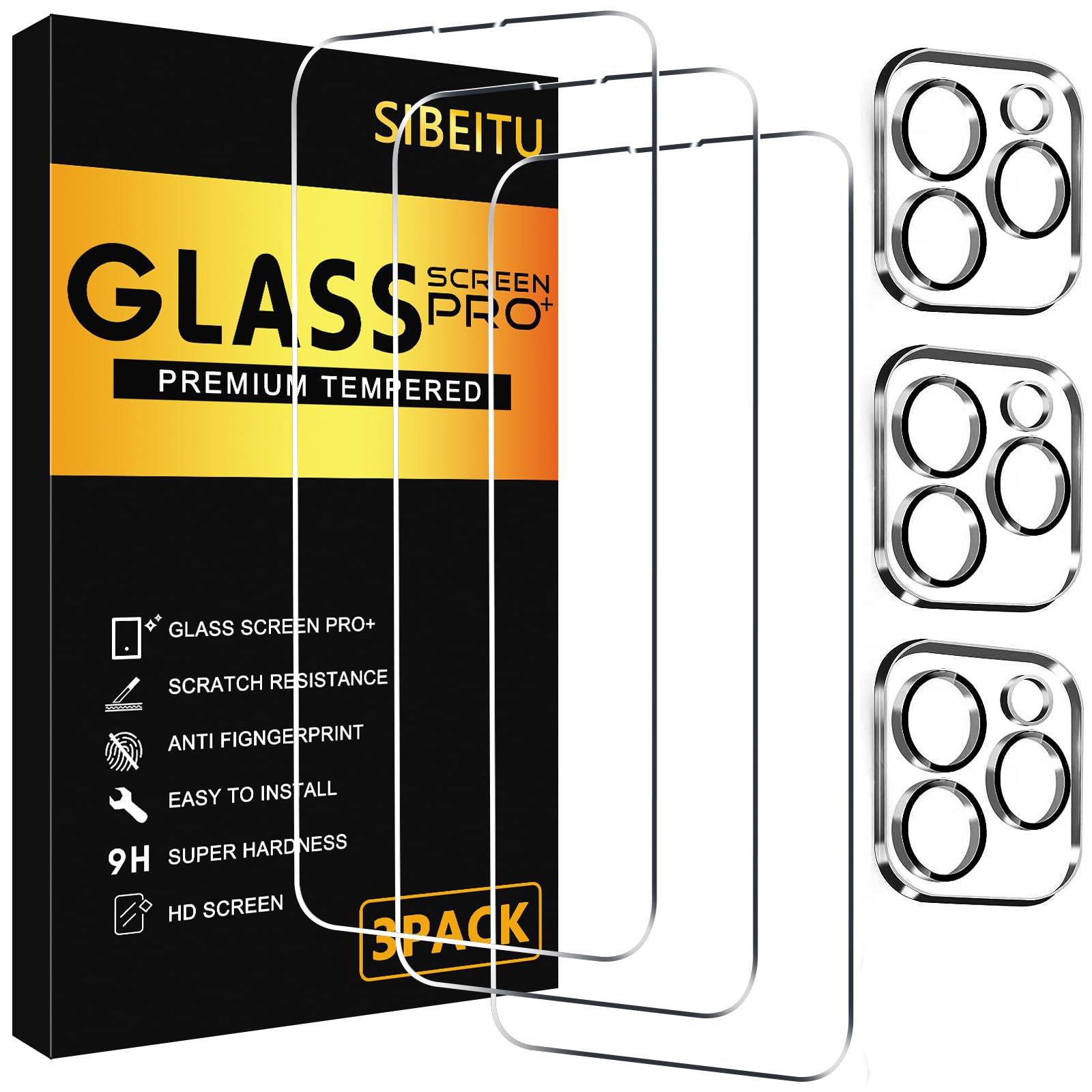 Sibeitu 3 Pack Screen Protector For Iphone 13 Pro Max With 3 Pack Camera Lens Tempered Glass Protector, 6.7 Inch Hd Clear Glass