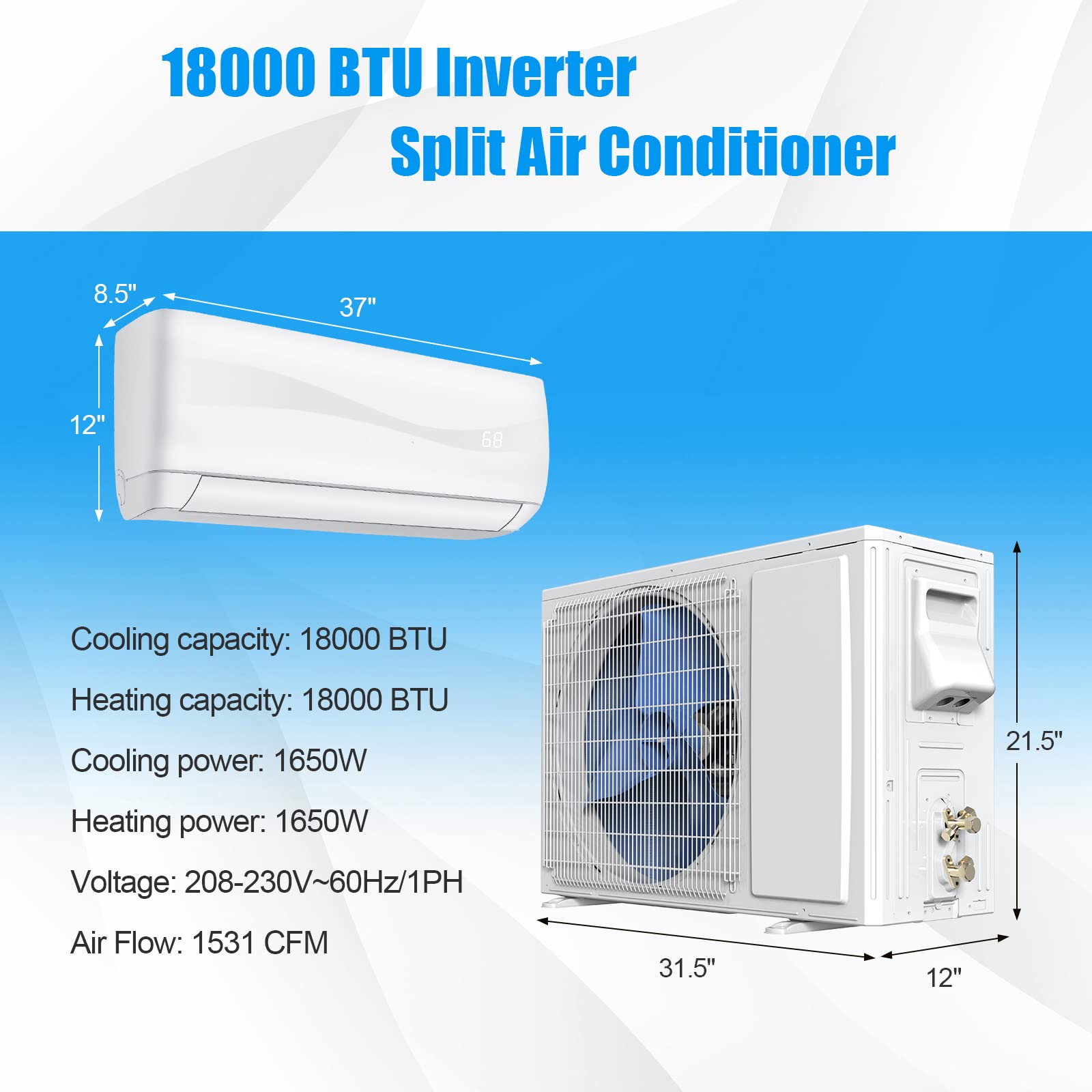 Dortala 18000 Btu Mini Split Air Conditioner & Heater, 19 Seer2 208 230V Pre Charged Inverter Heat Pump System, Wall Mounted Duc