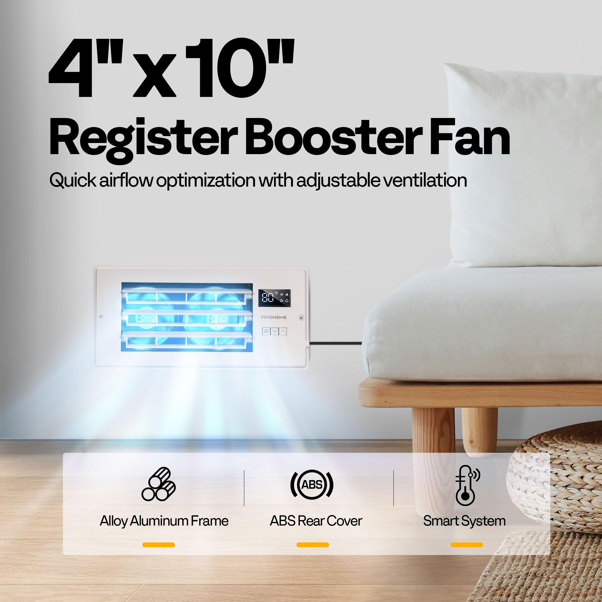Vivohome 4 ' ' X 10 ' ' Opening Register Booster Fan With Adjustable Wind Direction Louver, Smart Intelligent Thermostat & 10-Sp