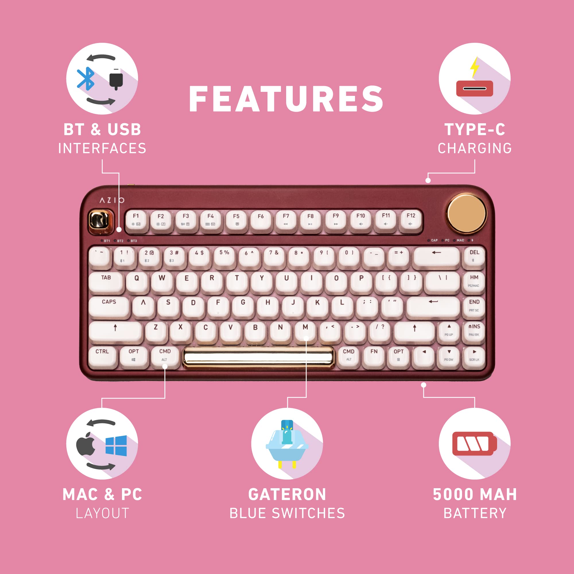 Azio Izo Wireless Bt5/Usb Pc & Mac Mechanical Keyboard, Baroque Rose