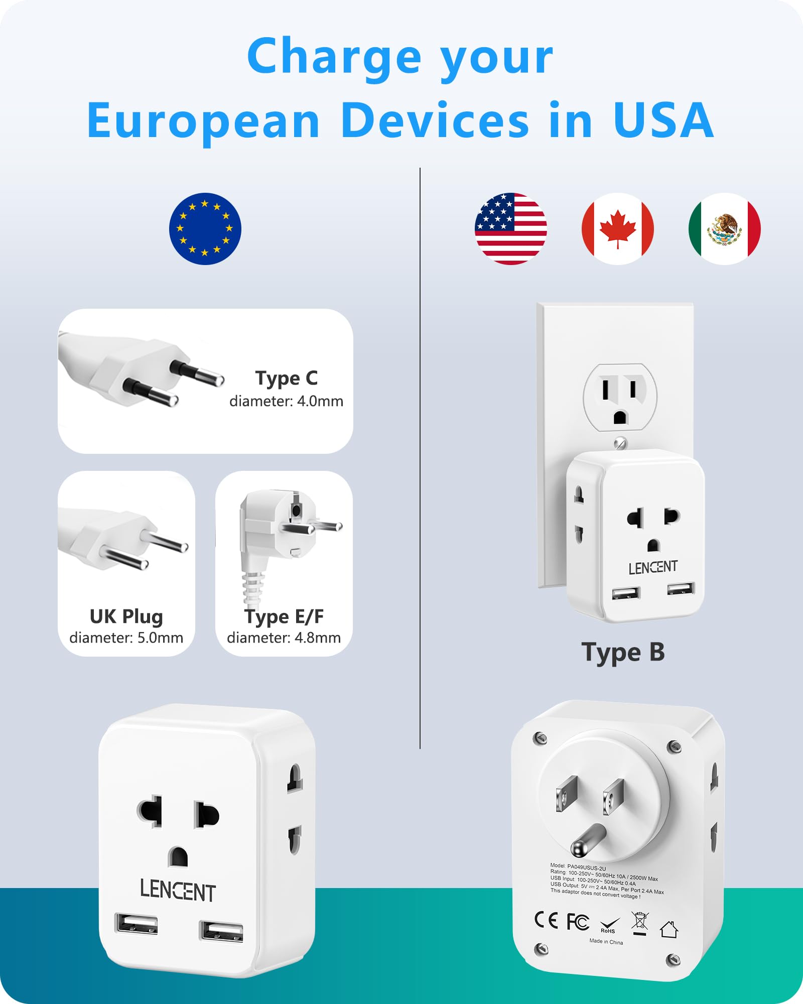 Lencent Eu To Us Plug Adapter, European To Usa Outlet Adaptor With 2 Usb, Europe To American Outlet, 3 Sided Outlet Extender, Wa