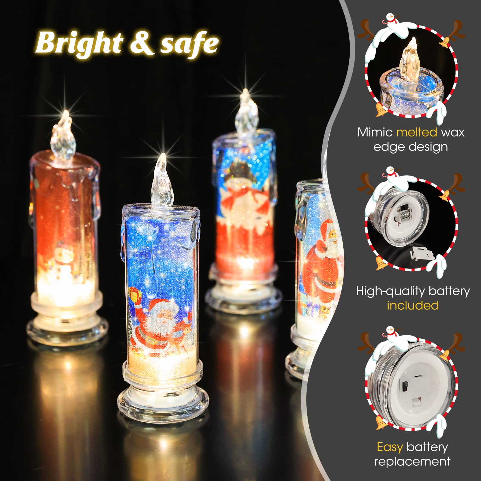 Supbri Christmas Flameless Candles With Santa Claus, Snowman,Decals Set Of 4, Battery Operated Christmas Themed Led Candles For