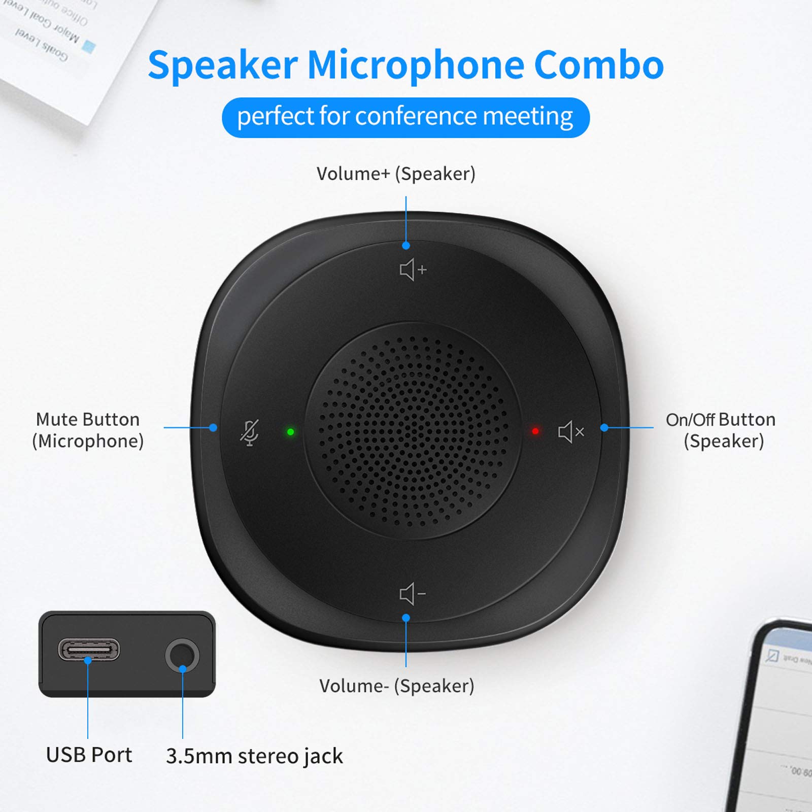 Usb Speakerphone Microphone, Conference Speaker Omnidirectional Computer Mic, With 360 Voice Pickup, Touch Sensor Buttons For Mu