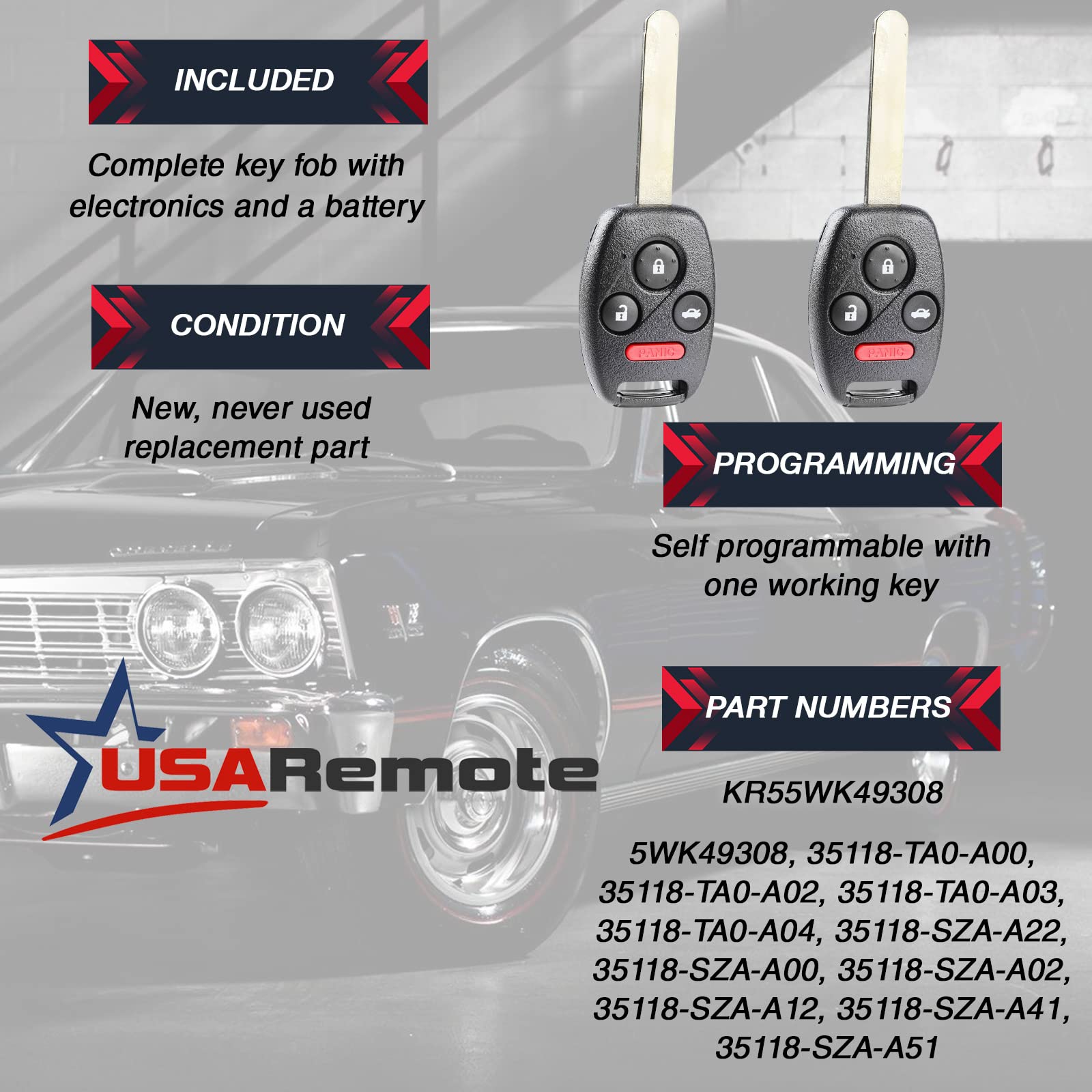 Usaremote H-49308-4Btn Key Fob Keyless Entry Remote Fits Honda Accord 2008 2009 2010 2011 2012 (Kr55Wk49308), Set Of 2