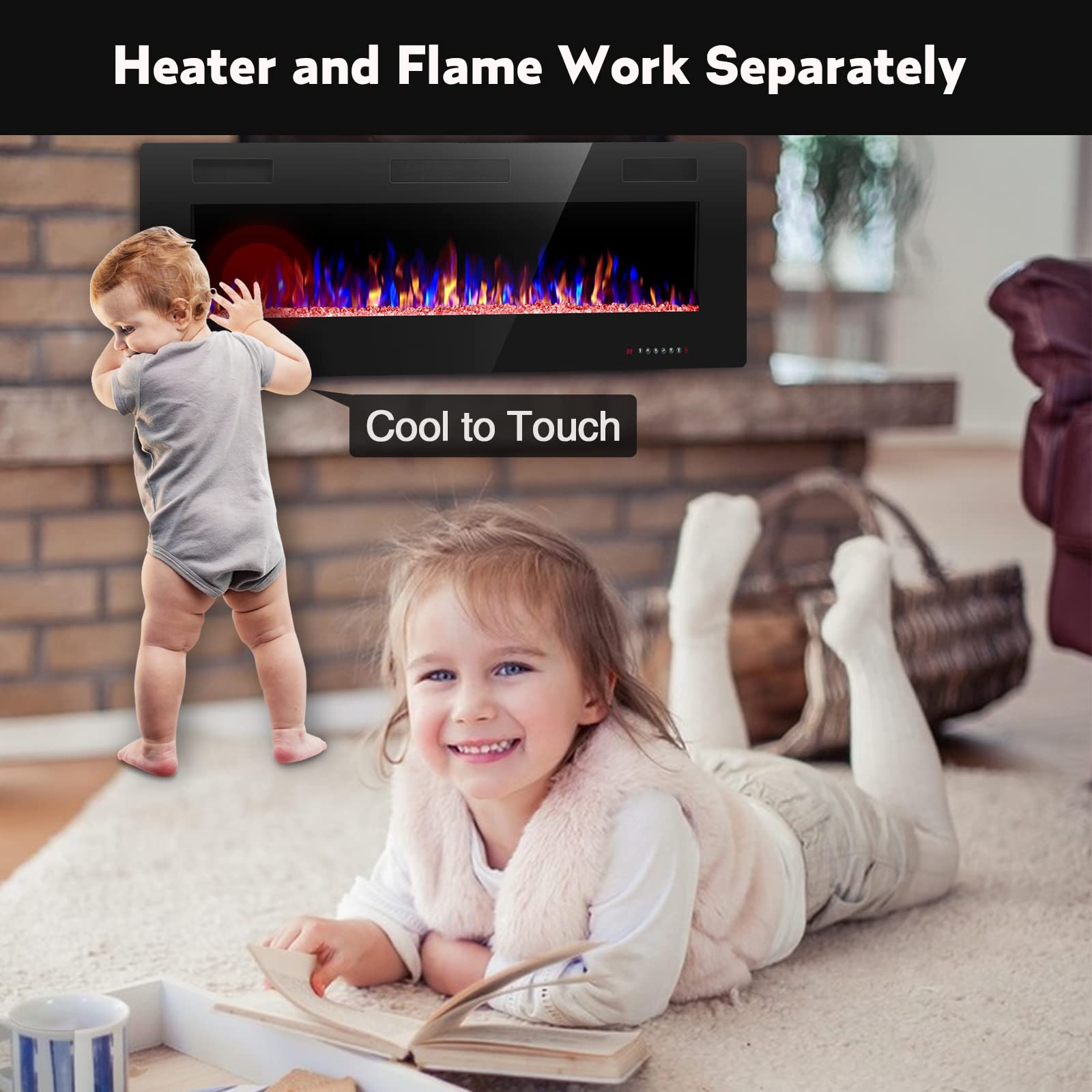 R.W.Flame 42In Recessed And Wall Mounted, The Thinnest Fireplace, Low Noise, Fit For 2 X 6 And 2 X 4 Stud, Remote Control With T