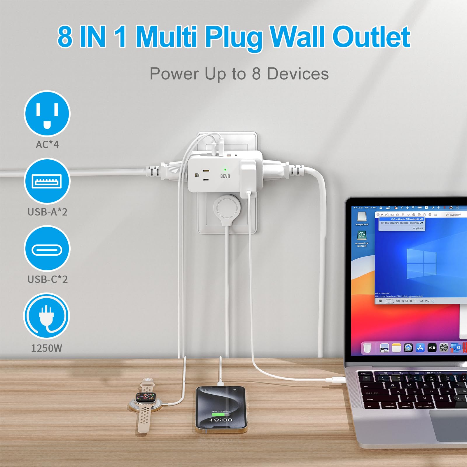 Beva Multi Wall Outlet Extender   With Rotating Plug Adapter, Rotating Outlet Adapter 4Ac And 4 Usb Ports (2 Usb C), Outlet Spli