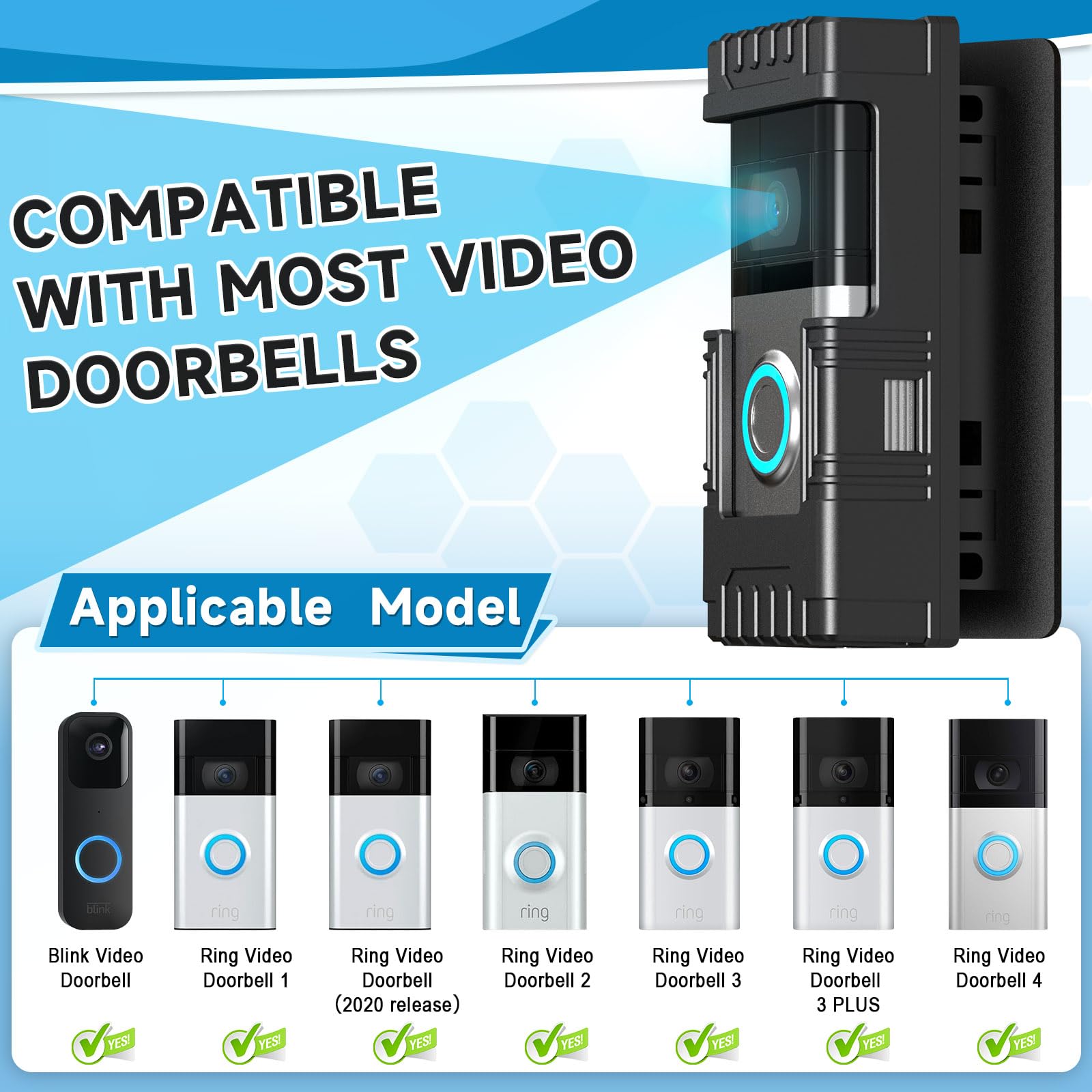 Anti Theft Doorbell Mount No Drill Compatible With Blink/Ring, For Doorbell 1/2/3/4/3Plus/2020 2023 2024 Release/Pro/Pro 2, Adju