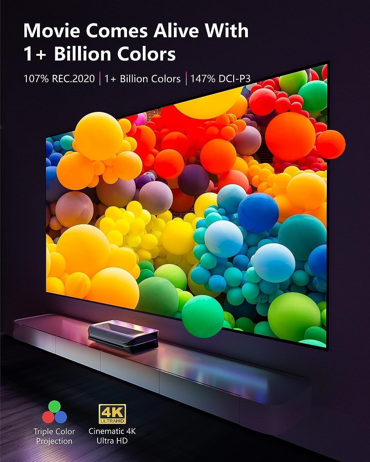 Awol Vision Ltv 3000 Pro 4K 3D Ultra Short Throw Triple Laser Projector, 3000 Peak Lumens With Dolby Vision & Atmos, Hdr10+, 150