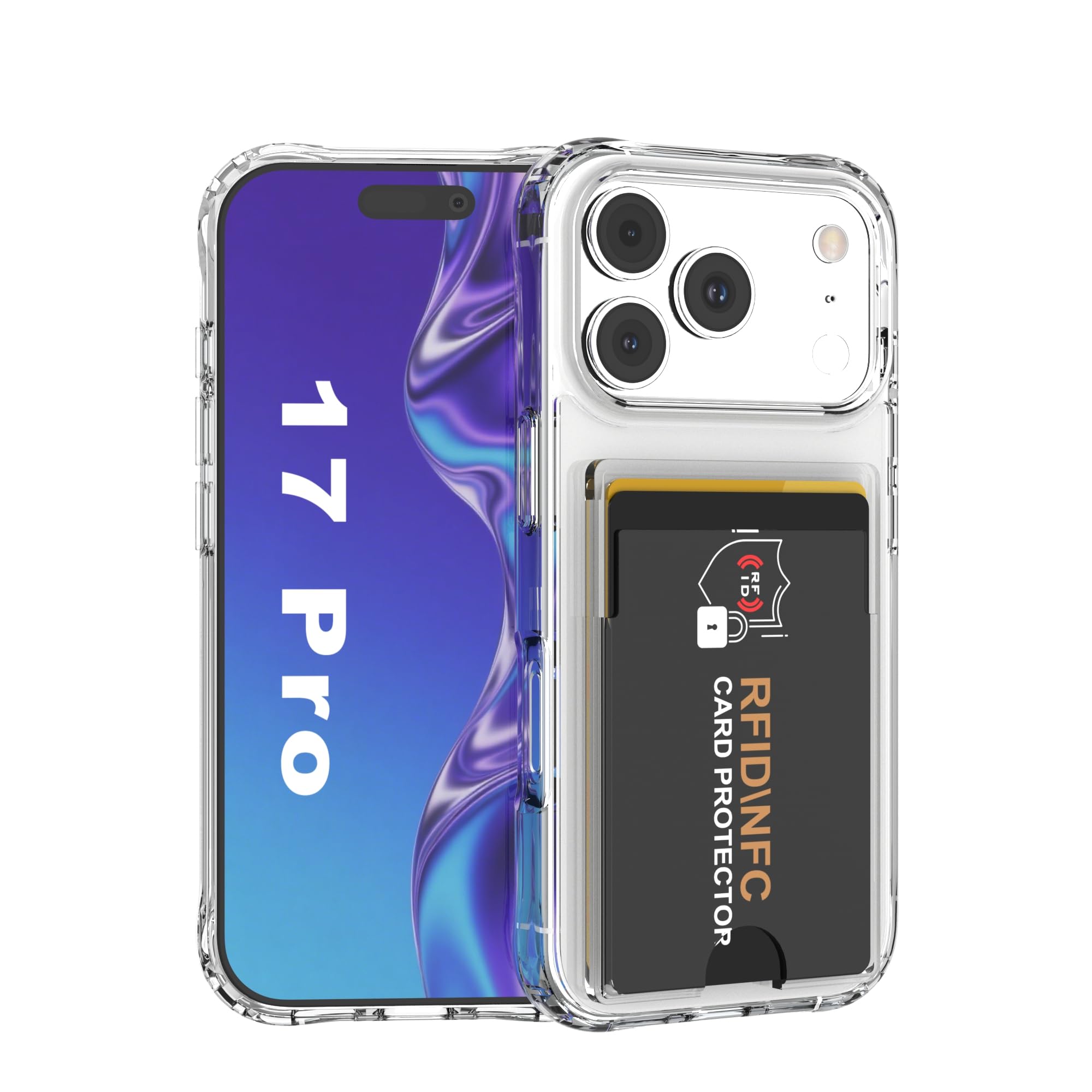 Wuwedo for iPhone 17 Pro Clear Wallet Case with an RFID Blocking Card, Holds 1-2 Cards, Anti-Yellowing, Hybrid Protective Phone 