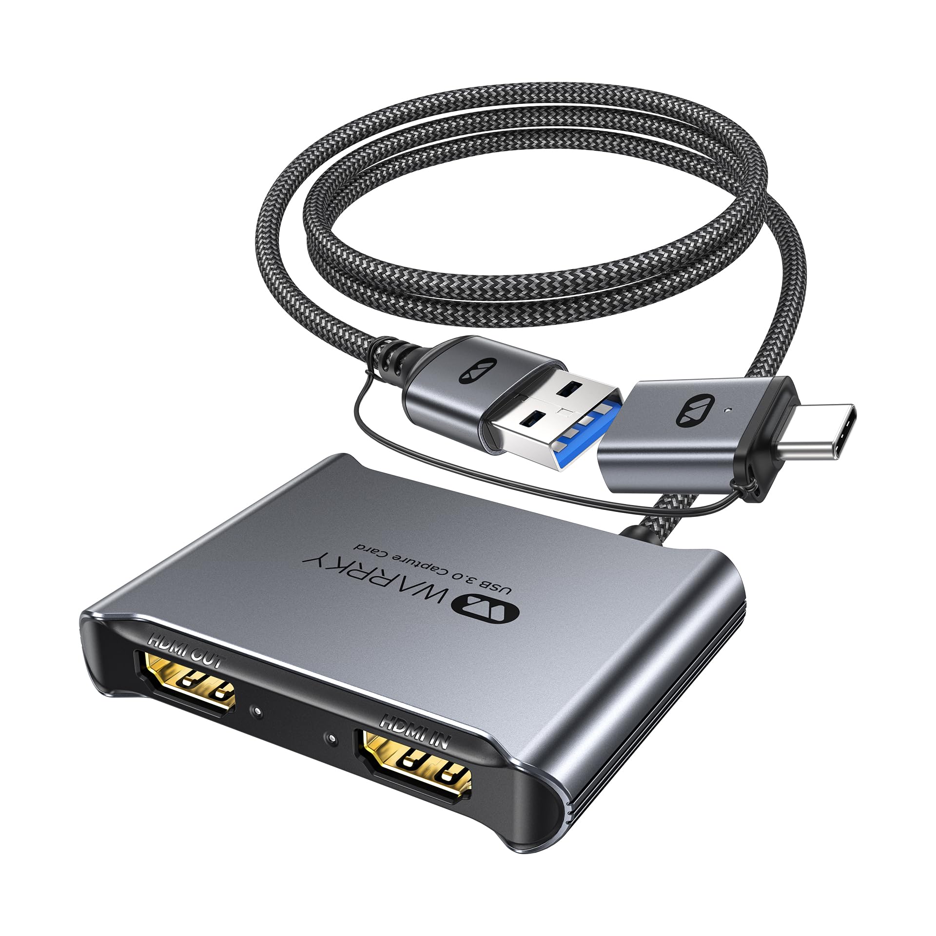 Warrky 4K Hdmi Capture Card [With Fixed Usb 3.0 Cable, 4K Loop Out, No Latency] 1080P 60Fps Cam Link Video/Audio Capture Device