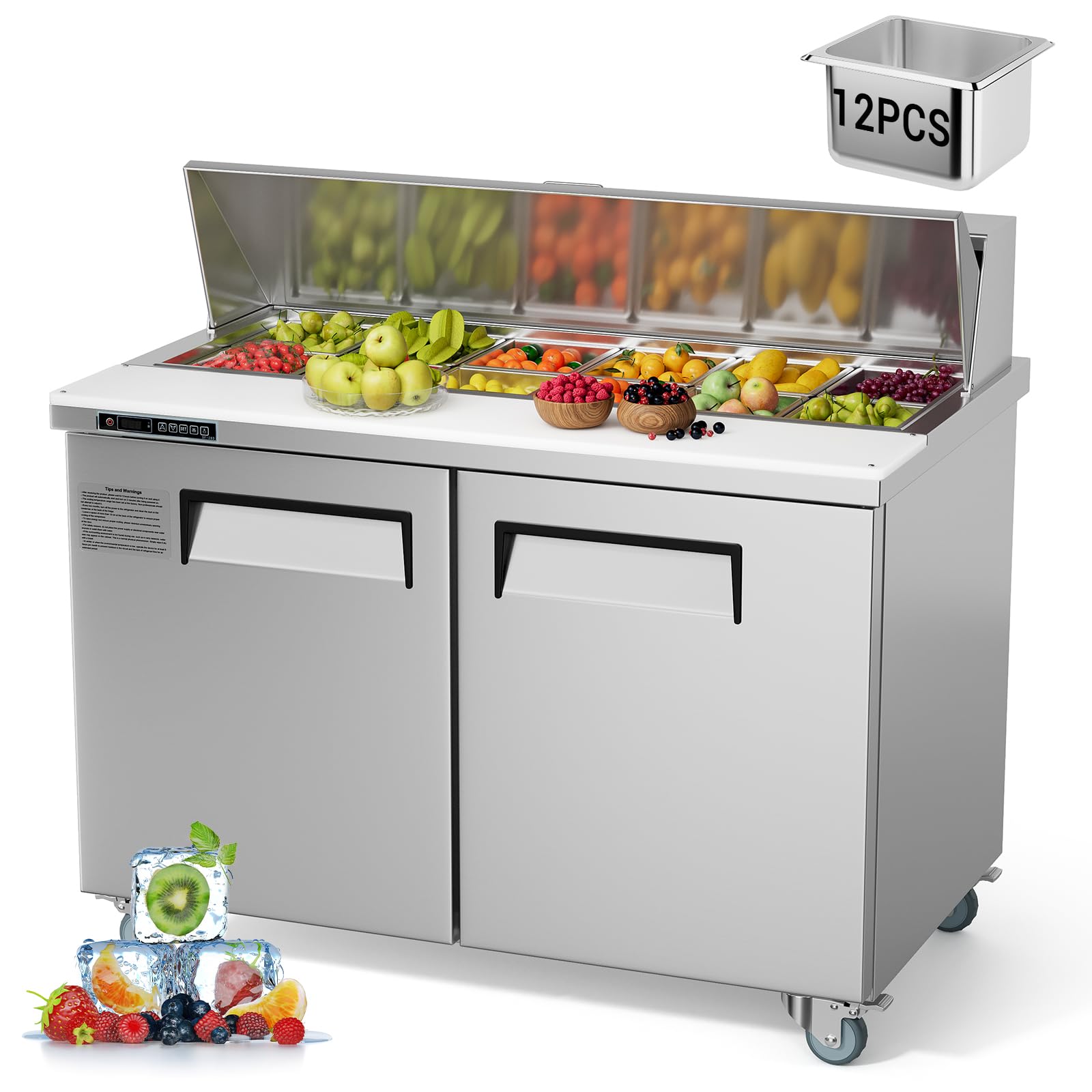 GarveeHome 48 in Refrigerator Sandwich/Salad Prep Table Refrigerator,12.85 cu. ft W 2 Door Commercial Stainless Steel Counter Fo