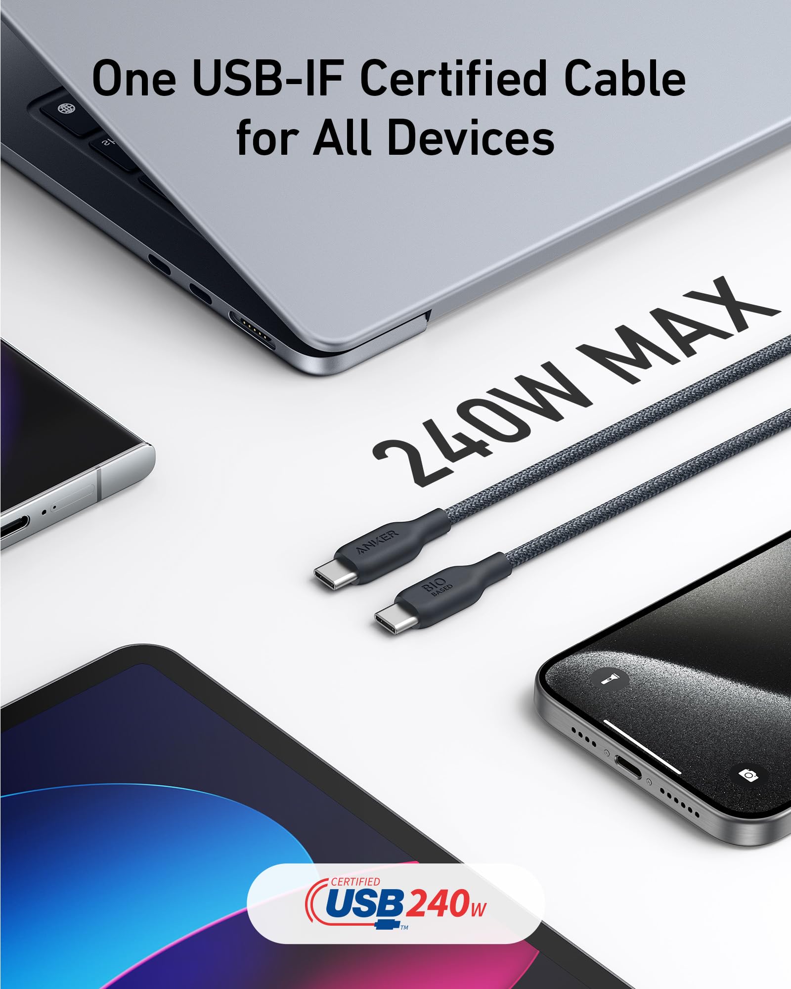 Anker Usb C To Usb C Cable (240W,10Ft), Bio Braided Usb C Charger Cable Fast Charge For Iphone15/15Pro/15Plus/15Promax, Ipad Pro