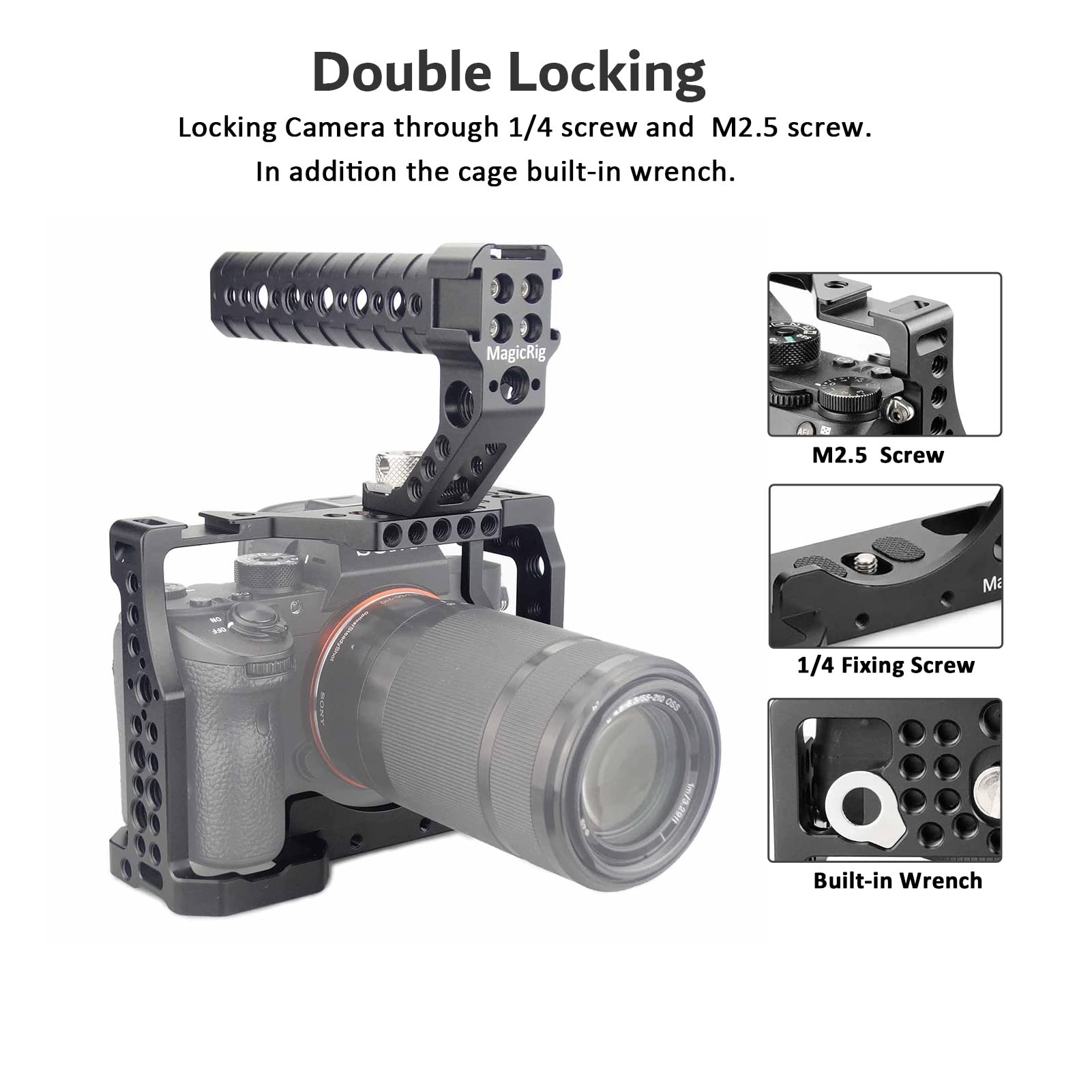 Magicrig A7Iii / A7Riii Full Camera Cage Rig And Arri Locating Top Handle,With 5 Cold Shoe Mounts, 1/4'' & 3/8'' Arri Holes, For