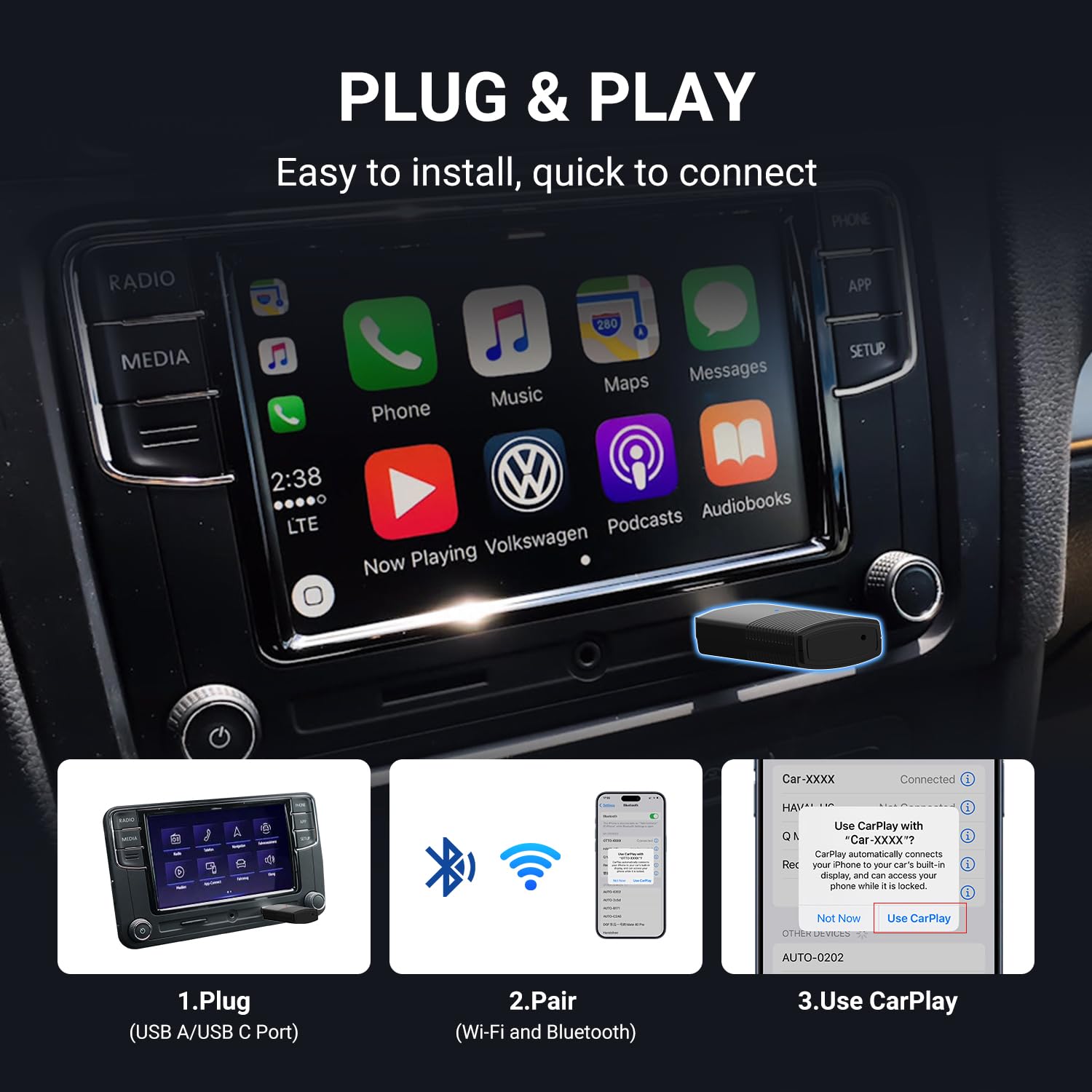 Mini Wireless Carplay Adapter, Auto Connect For Cars With Oem Wired Carplay, Convert Wired To Wireless Carplay, Carplay Dongle F