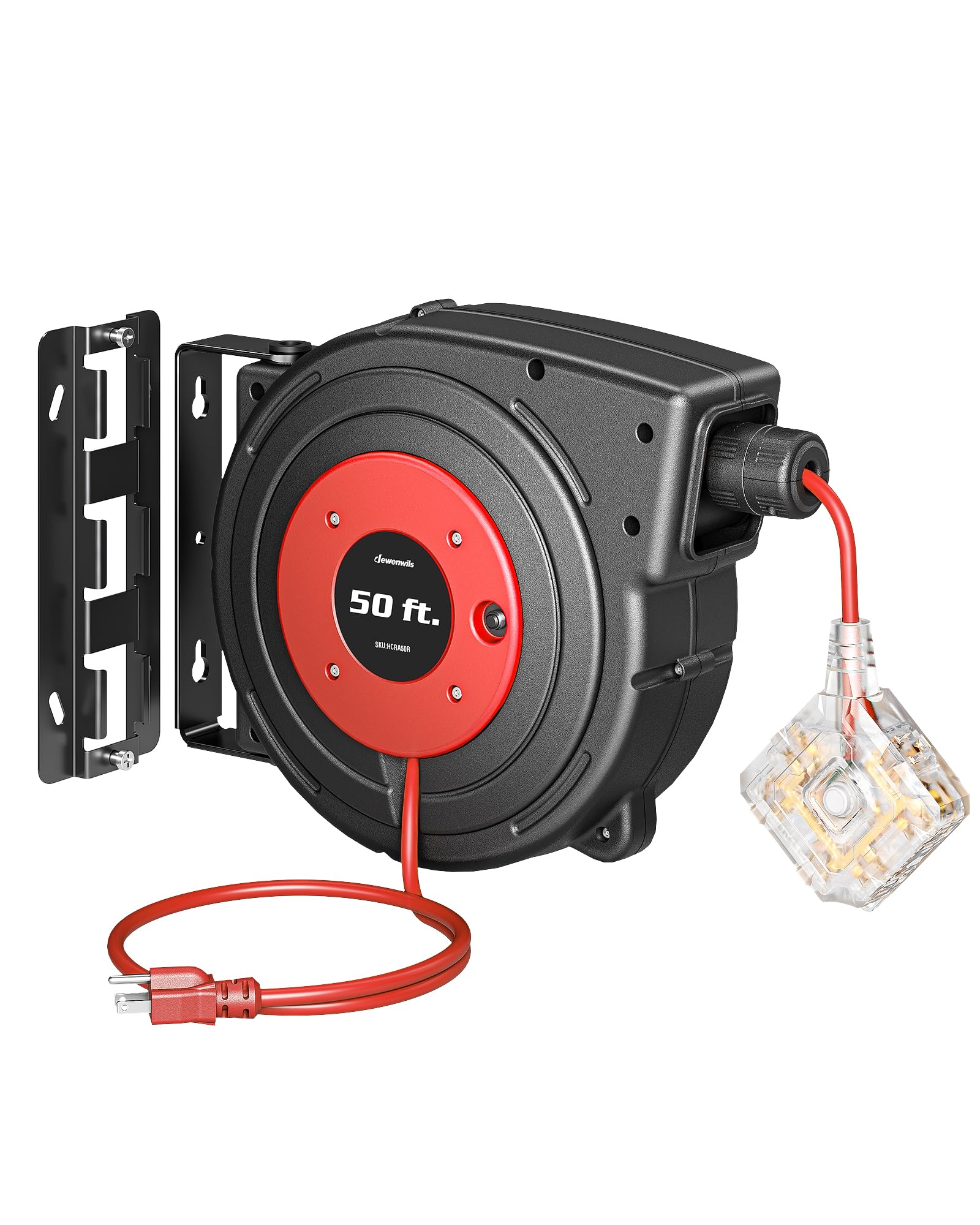 Dewenwils 50Ft Extension Cord Reel, Retractable Cord Reel, Twist Lock Stopper, 14/3C Sjtow, 6 Grounded Outlets, Retractable Exte