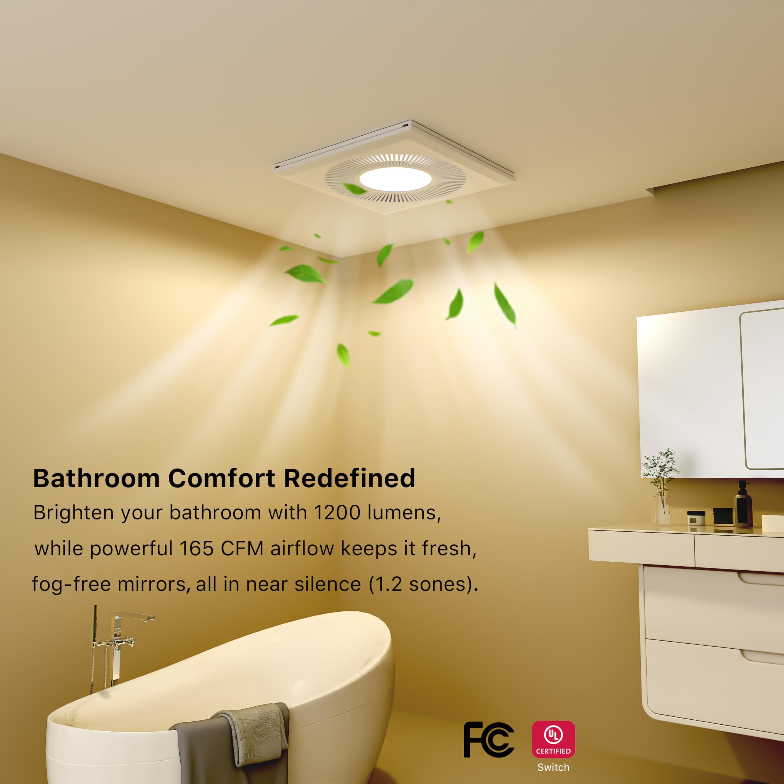 Fwastt Bathroom Exhaust Fan With Light 165Cfm Shower Bathroom Vent Fan With 11.8In 15W Led Light Combo Quiet 42Db Bath Ceiling E