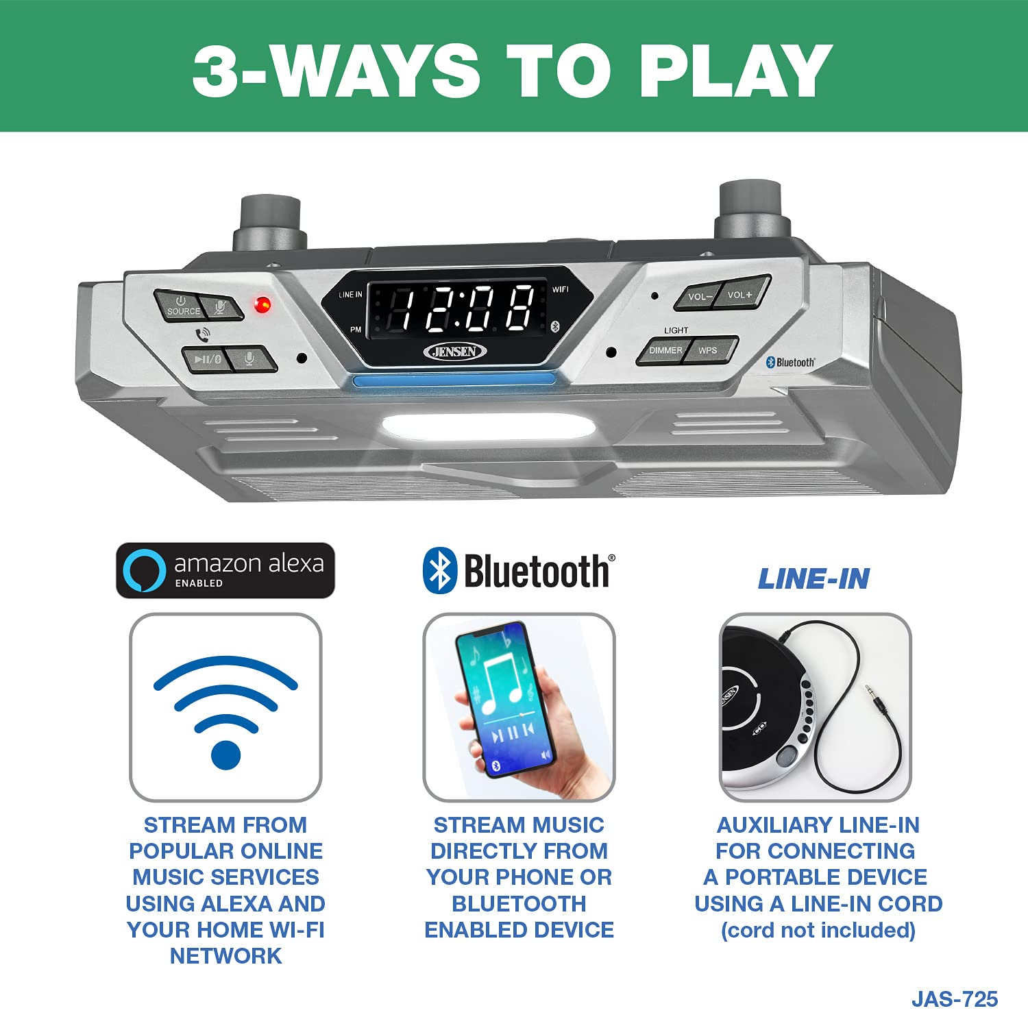 Jensen Under Cabinet Bluetooth Music System With Alexa Far-Field And Tap To Talk