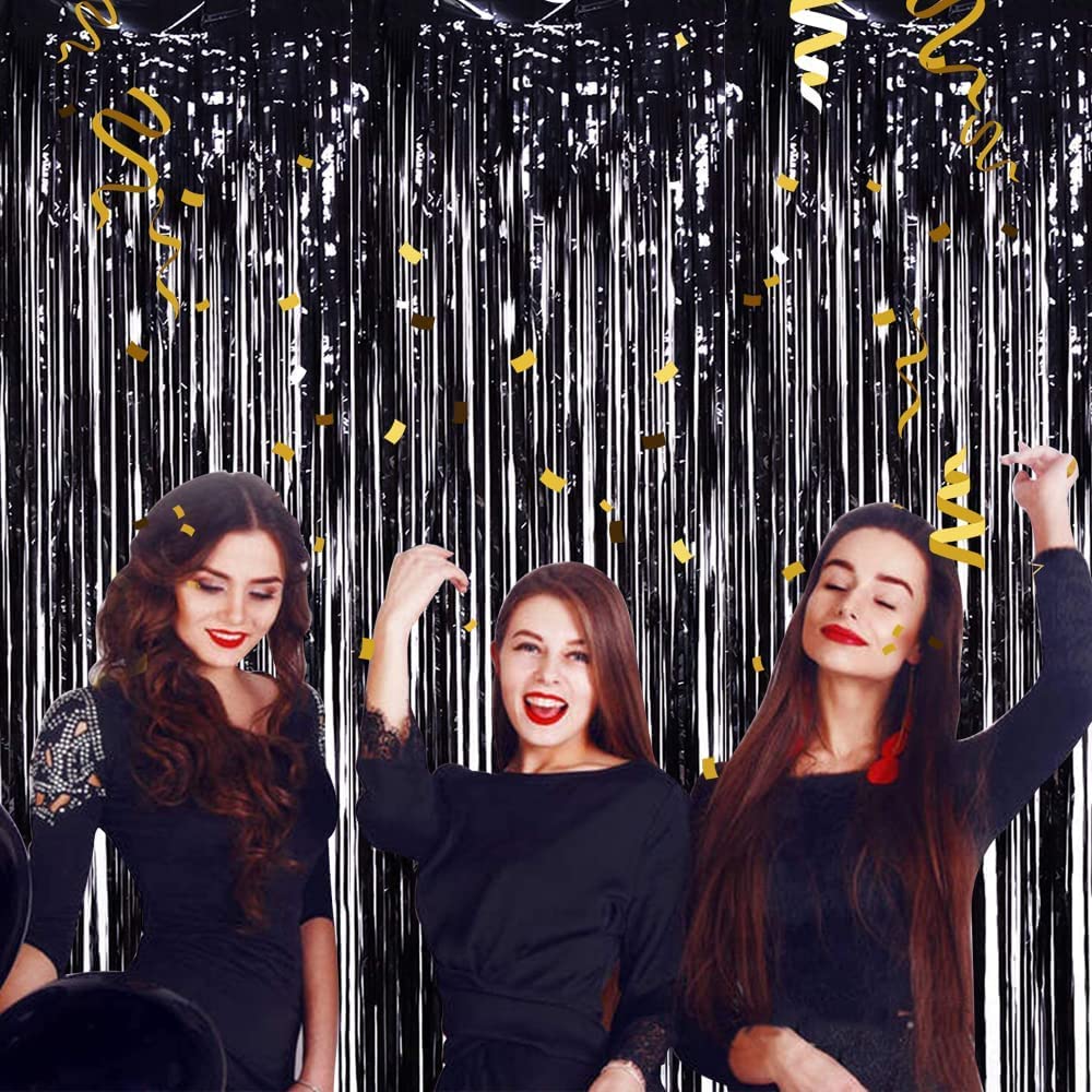 Toniful 3Pcs Black Door Streamers,Black Photo Booth Backdrop Metallic Streamers Black Foil Fringe Curtains For Birthday,Christma