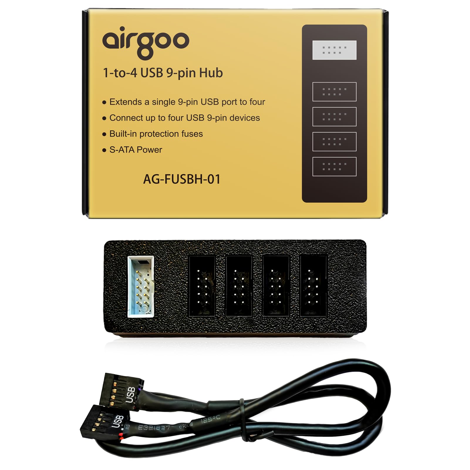 Airgoo Internal USB Hub, 9-Pin USB 2.0 Header Splitter - 1 to 4 Ports, S-ATA Powered, Magnetic Mount for PC Case, Plug-and-Play 