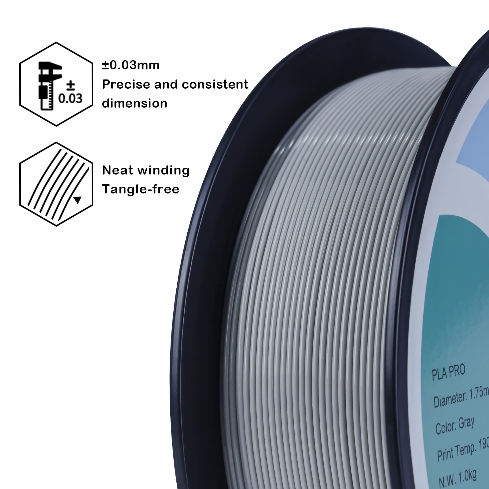 Ziro Pla Filament 175Mm,3D Printer Filament Pla Pro Basic Color Series 175Mm 1Kg(22Lbs), Dimensional Accuracy +  003Mm,Gray