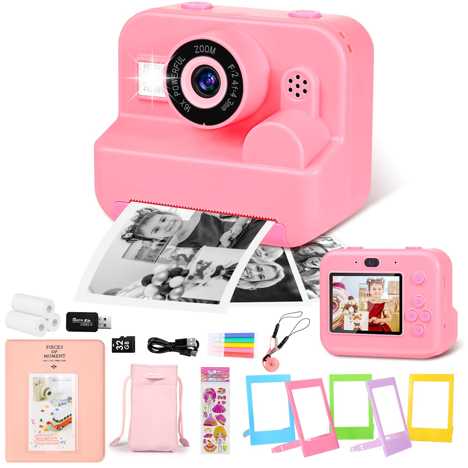 Instant Print Kids Camera with Selfie - 1080P HD Digital Camera for Children, Includes 32GB SD Card, Photo Album, Storage Bag - 