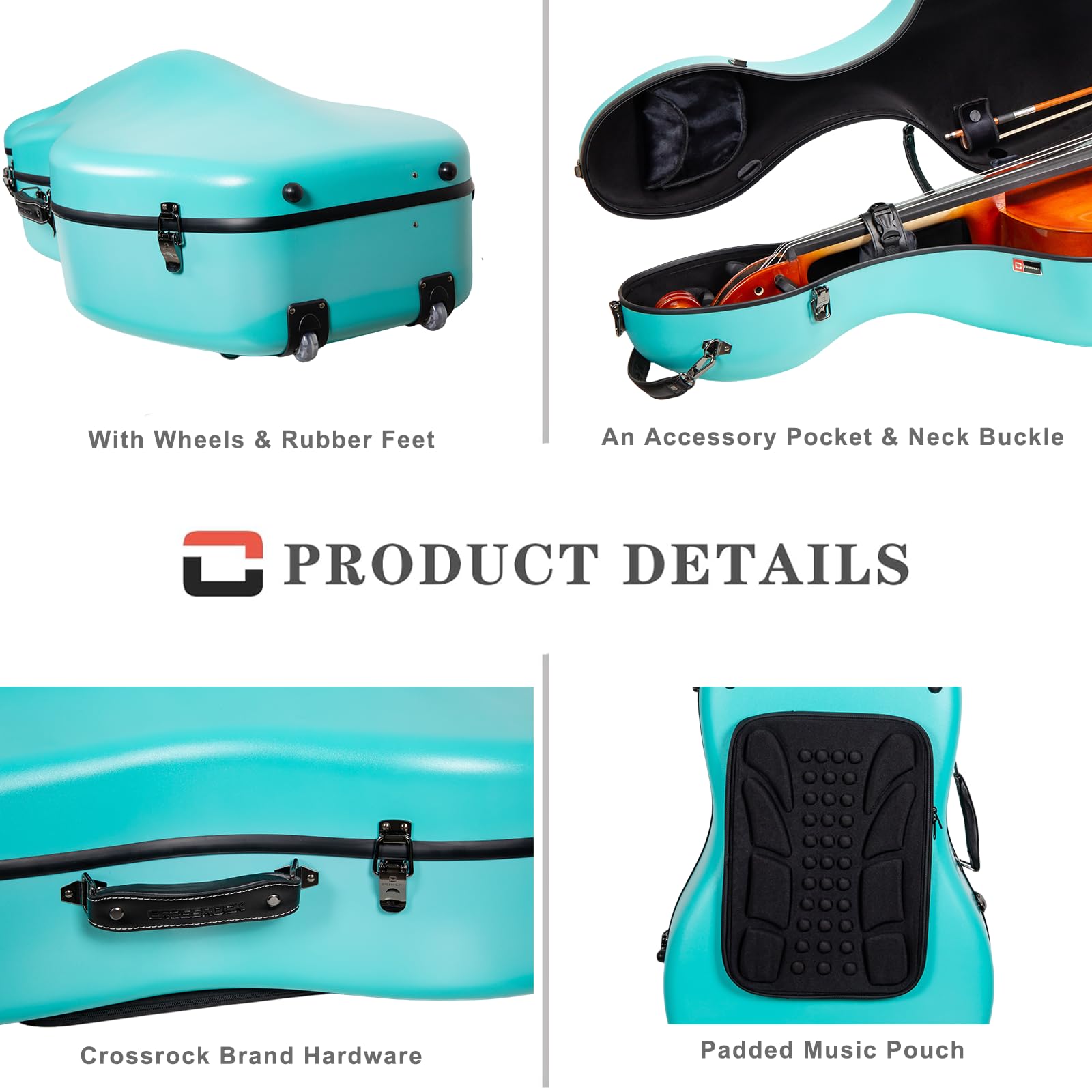 Crossrock Poly Carbon Cello Case For 4/4 Full Size | Mint Blue Matte Finish, Black Velvet Interior, Wheels, Music Pouch - Lightw
